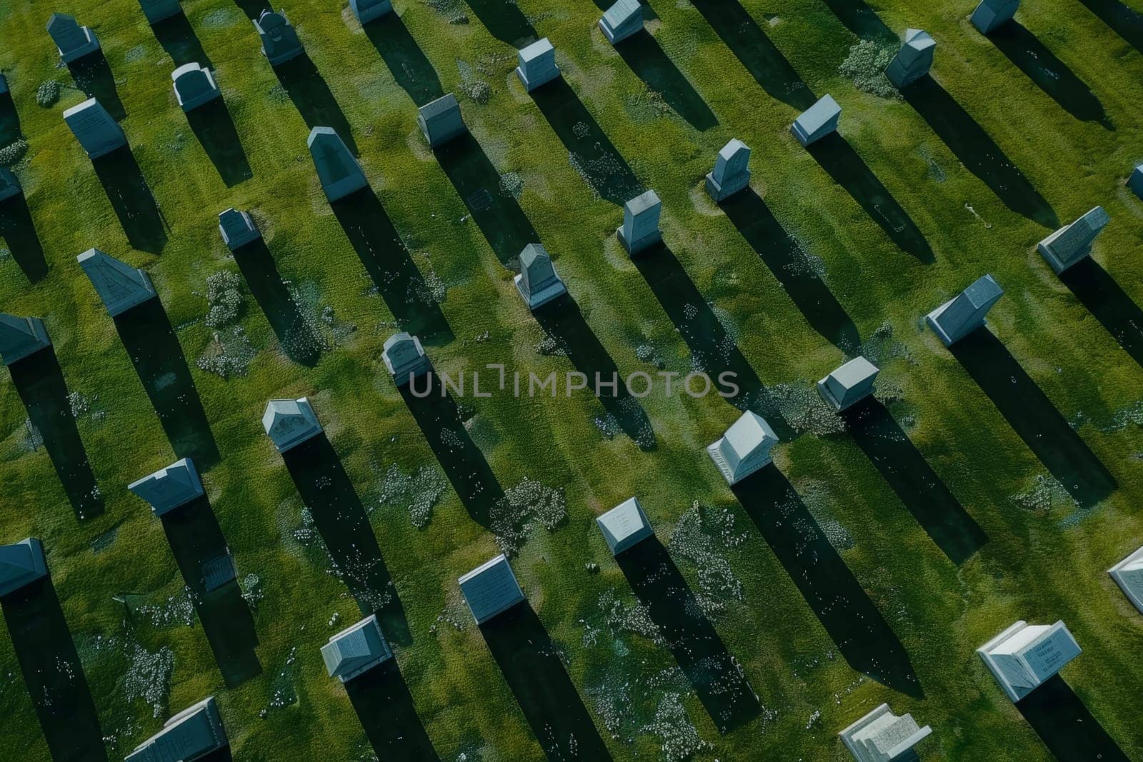 Aerial View of Cemetery Headstones and Grass with Long Shadows