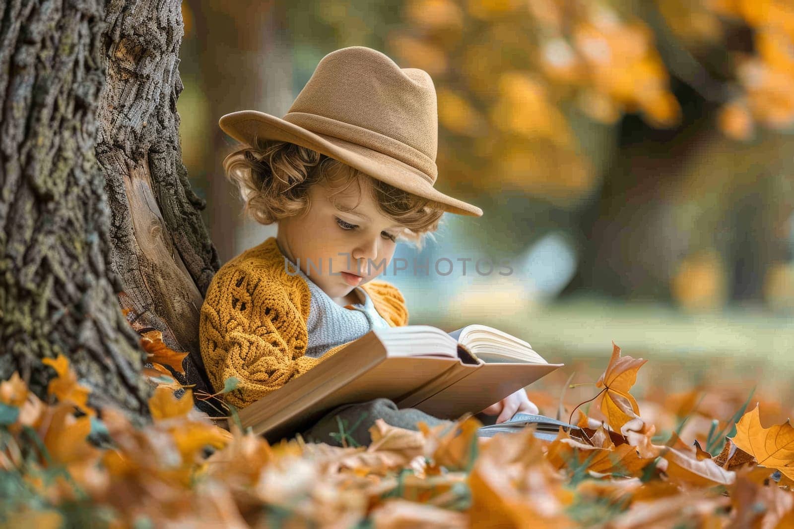 Cute child reading book under tree in autumn park. Concept of imagination, childhood, and fall season. by ailike