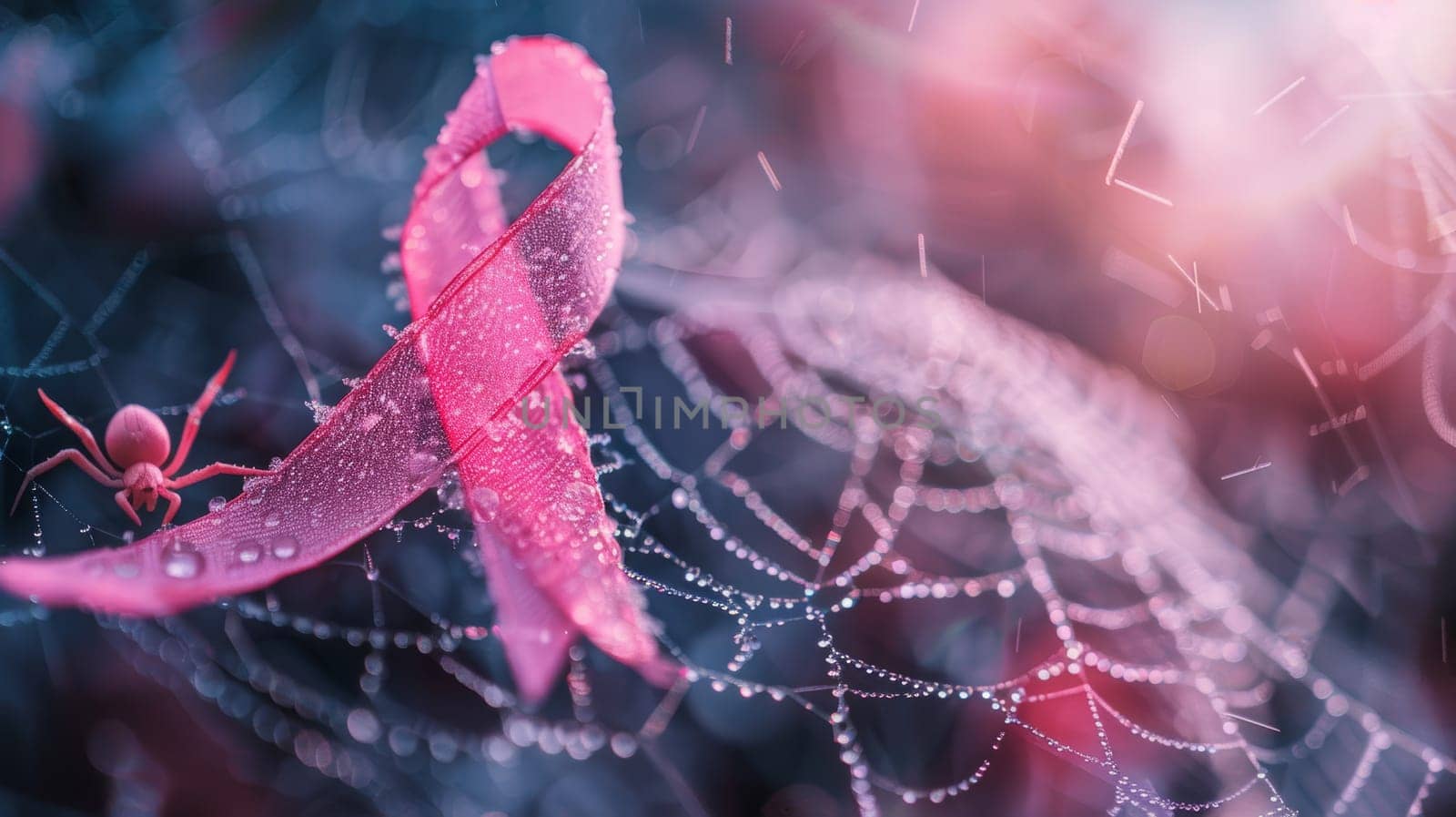Pink Ribbon with Dew Drops on Spider Web for Breast Cancer Awareness by ailike