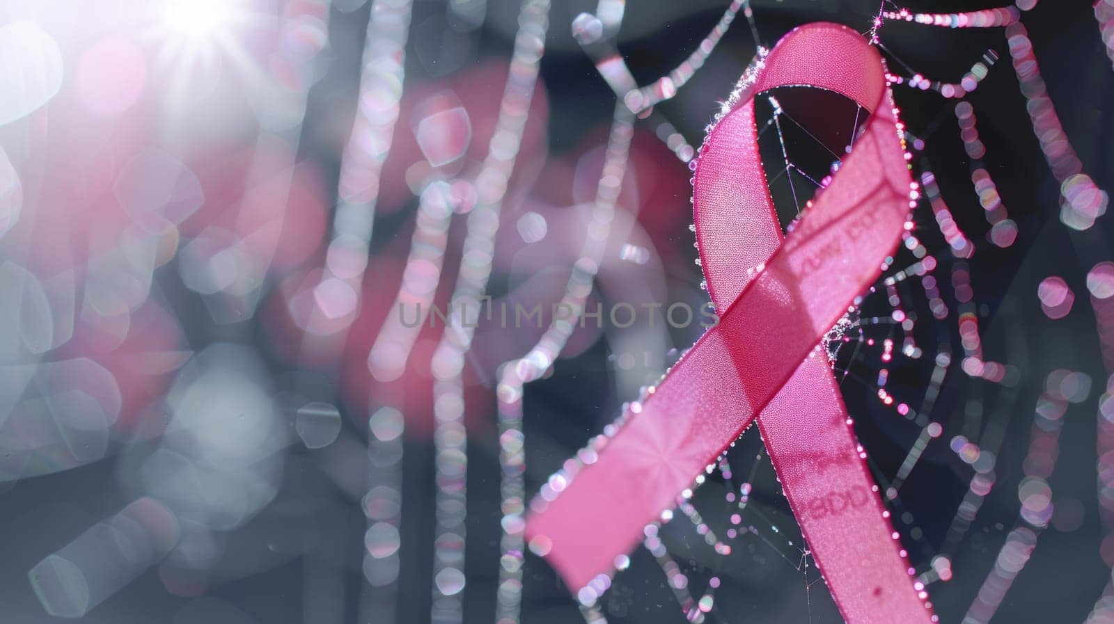 Pink Ribbon Breast Cancer Awareness Symbol with Cobwebs and Water Droplets. Hope and Courage in the Face of Struggle by ailike