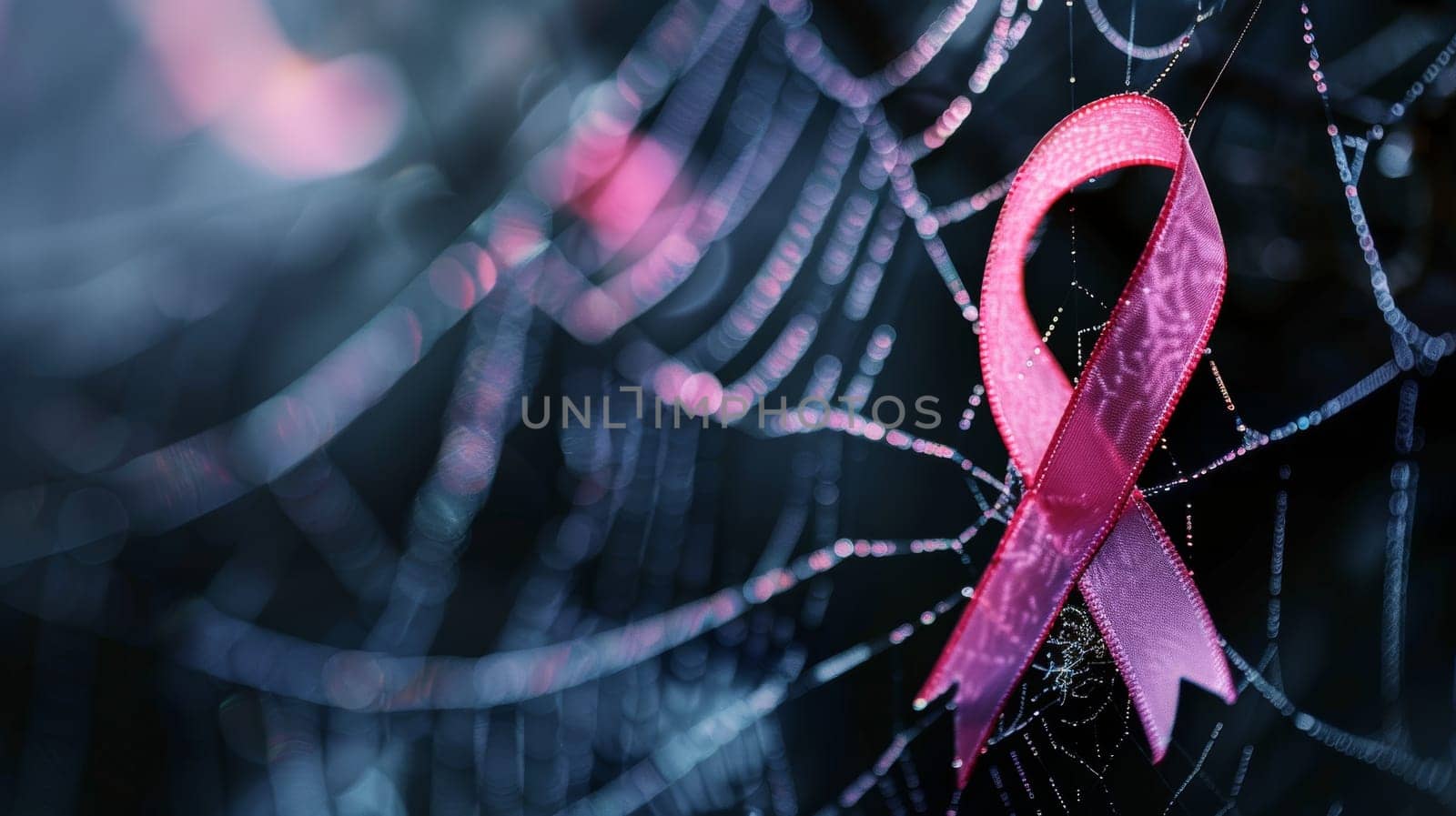 Pink ribbon awareness symbol resting on spider web with dew drops. Symbolic of Breast Cancer Awareness Month in October.
