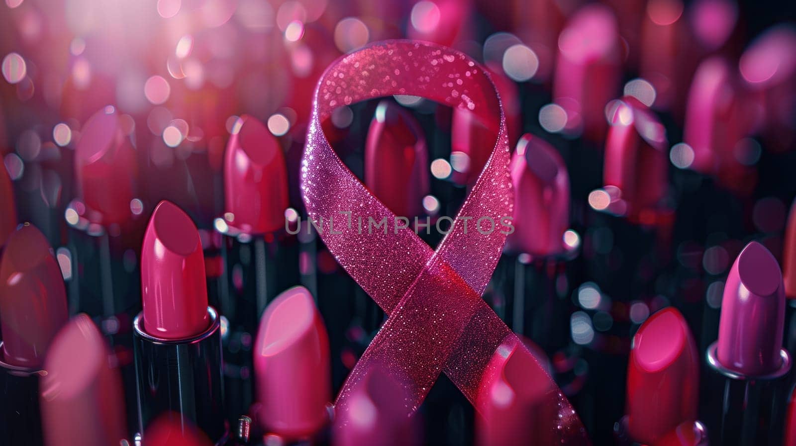 Pink lipstick ribbons symbolizing breast cancer awareness surrounded by bokeh lights by ailike