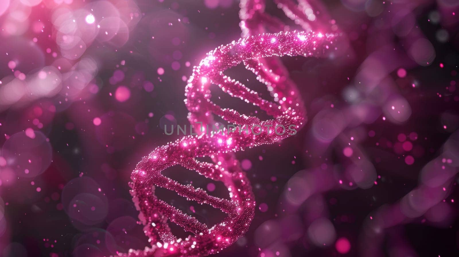 Glowing pink DNA double helix strands with bokeh background. Concept of genetic engineering, science research, and discovery.