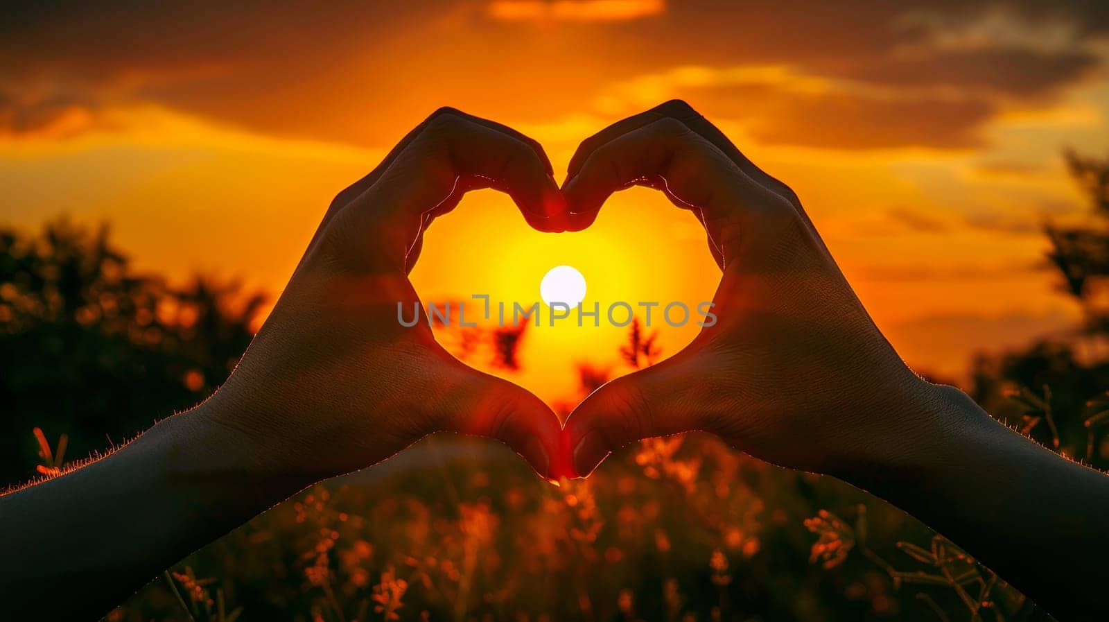 Hands forming heart shape silhouette against vibrant sunset sky, symbolizing love, warmth and connection with nature