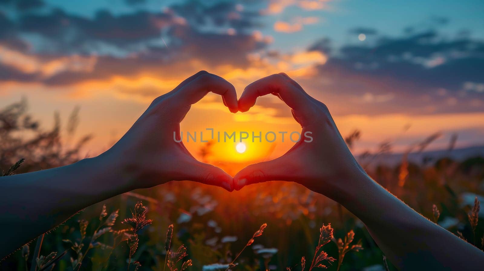 Silhouette of Hands Making Heart Shape around Sunset. Love, Nature, and Summer Vibes