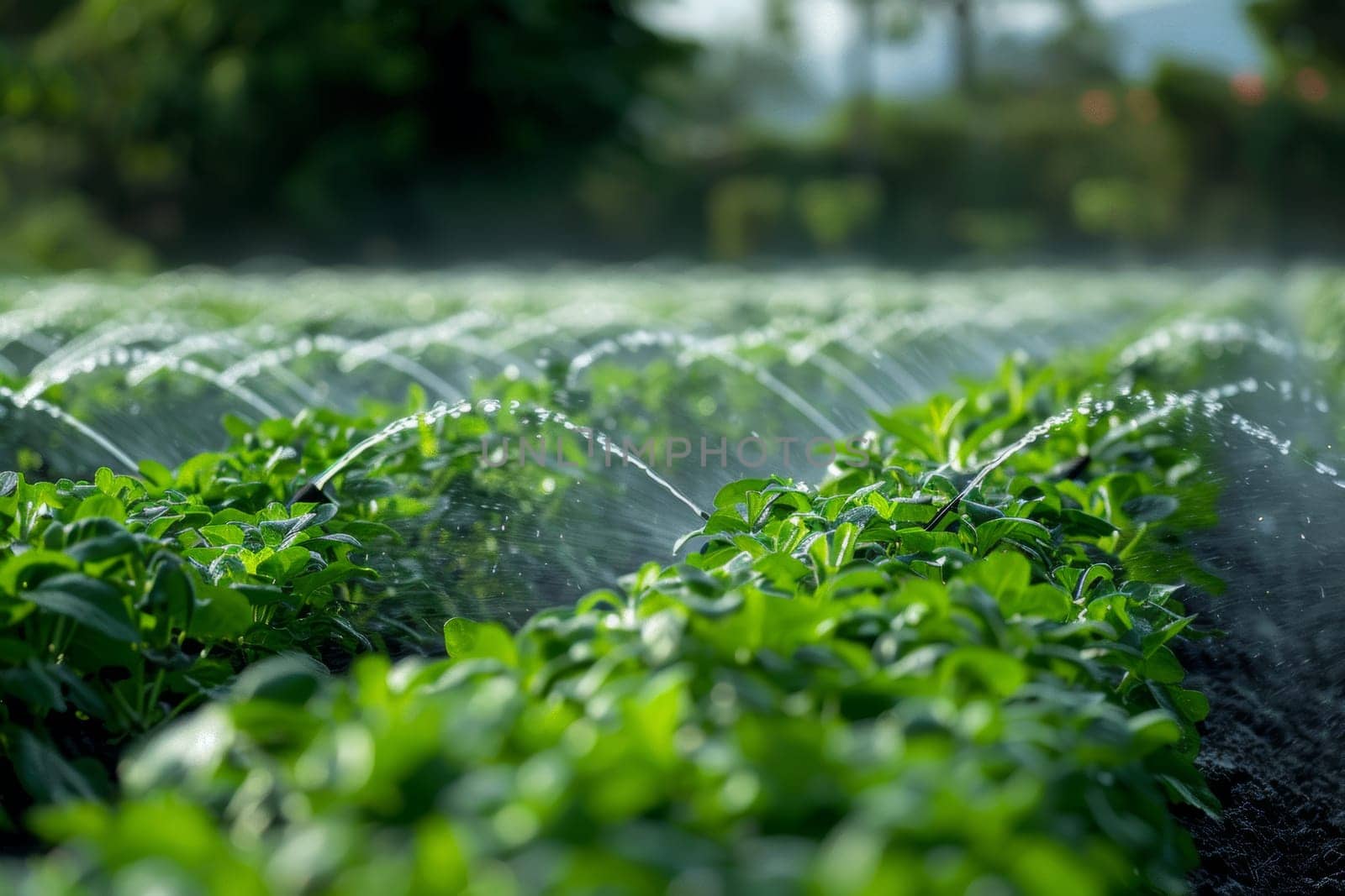 Potato farm field irrigated by a water sprinkler system, sustainable agriculture with irrigation technology for crop growth