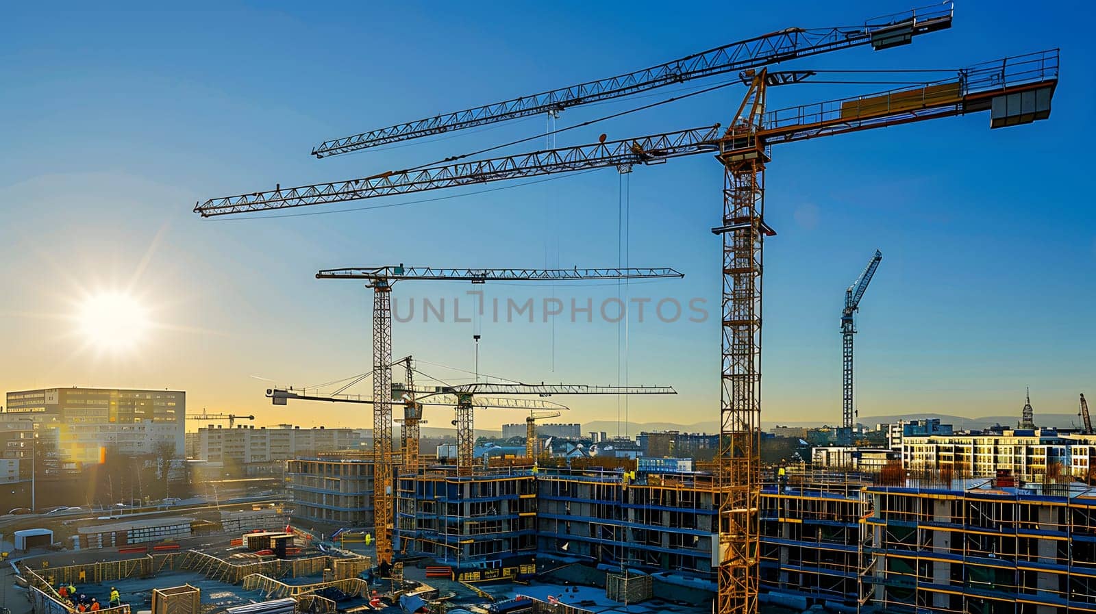 Skyline filled with cranes and towers in an urban construction site by Nadtochiy