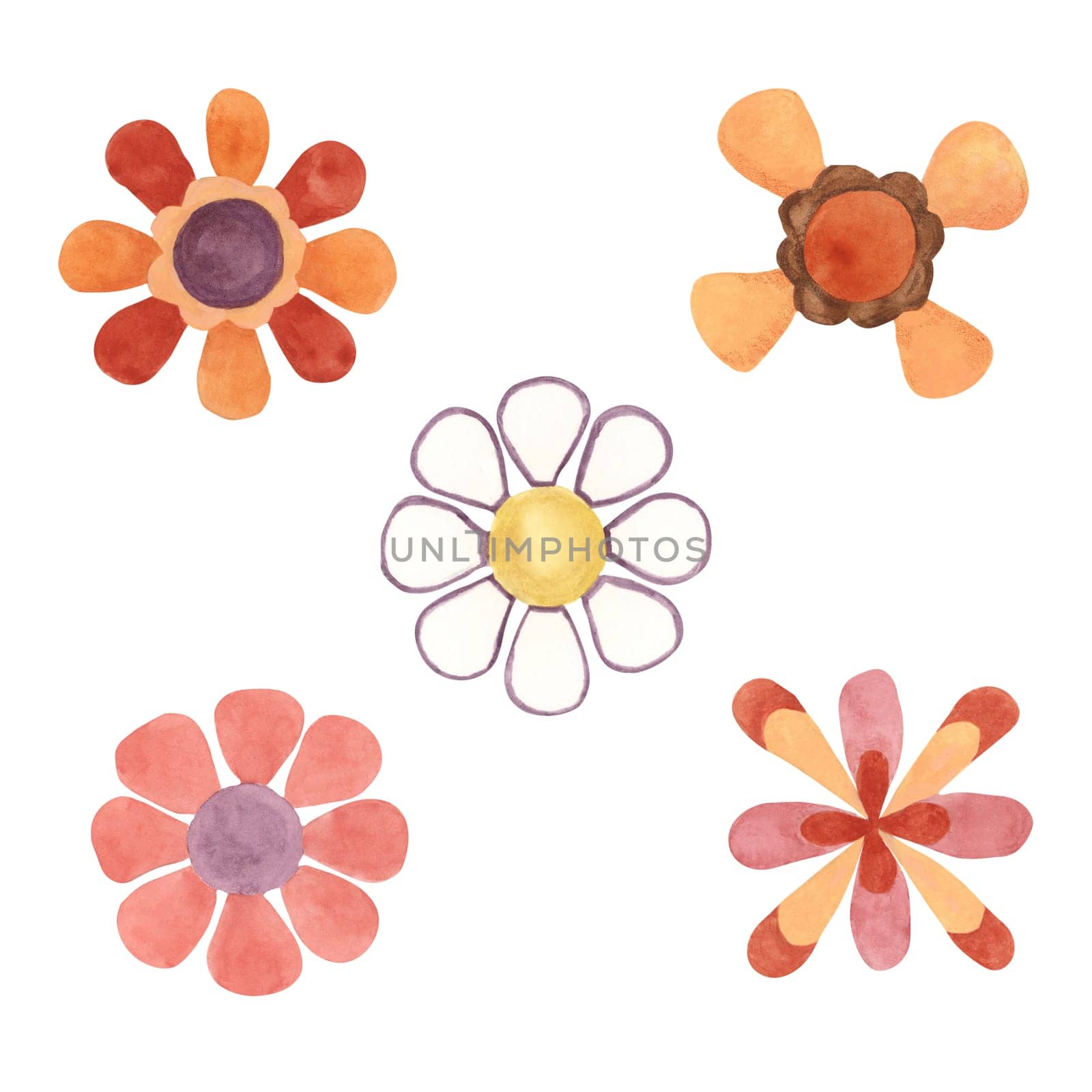 Retro flowers in minimalistic 70s style. Hippie boho summer cliparts. Watercolor groovy illustration for flower power stickers, flyers, cartoon style by Fofito