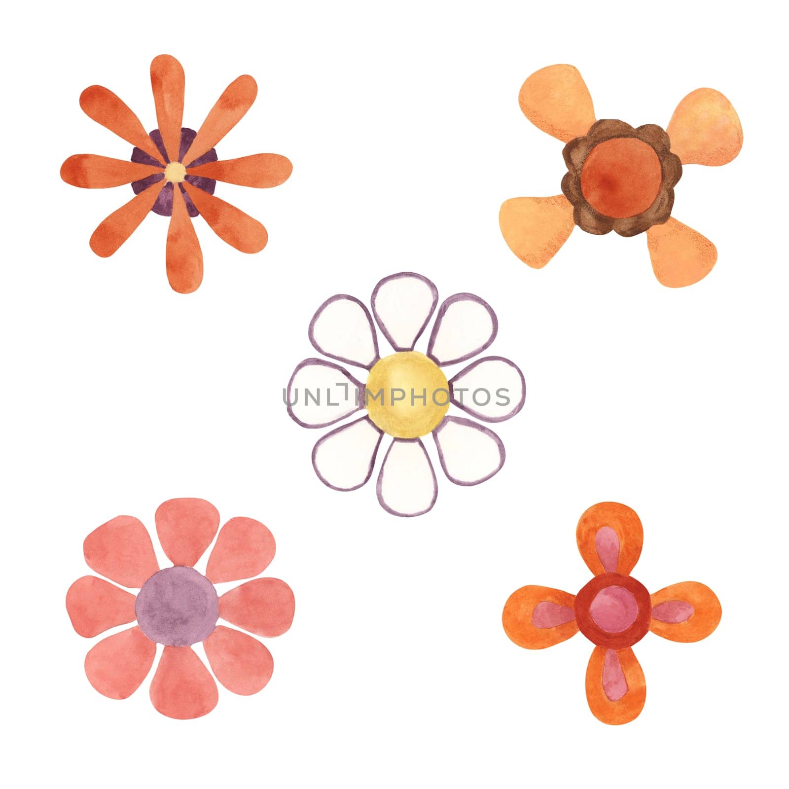 Retro flowers in minimalistic 70s style. Hippie boho summer cliparts. Watercolor groovy illustration for flower power stickers, flyers, cartoon style by Fofito