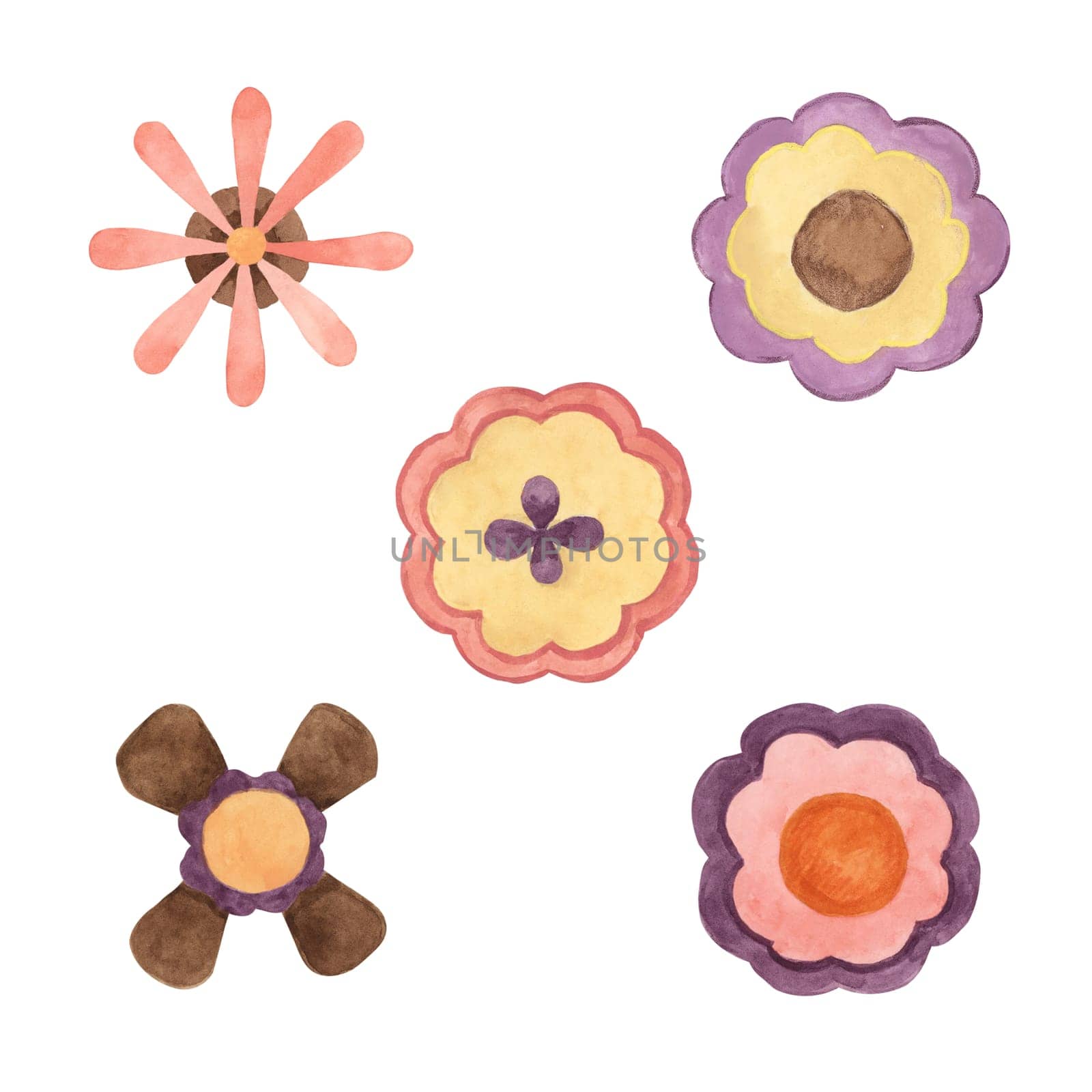 Retro flowers in minimalistic 70s style. Hippie boho summer cliparts. Watercolor groovy illustration for flower power stickers, flyers, cartoon style by Fofito