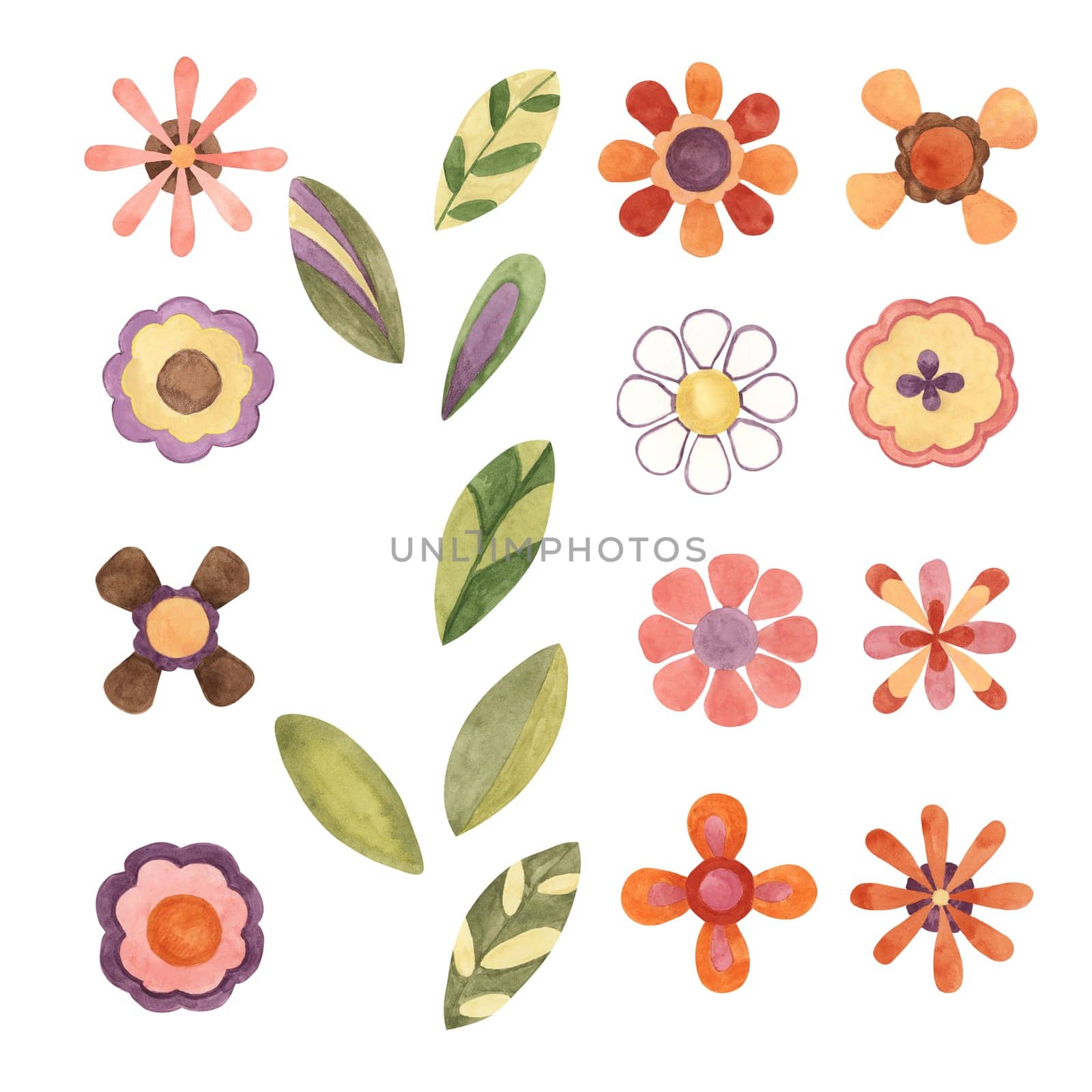 Retro flowers and leaves in abstract 1970s style. Hippie boho indie clipart. Watercolor groovy daisy illustration for flower power stickers, nostalgic designs, flyers, printing, quotes, cartoon style