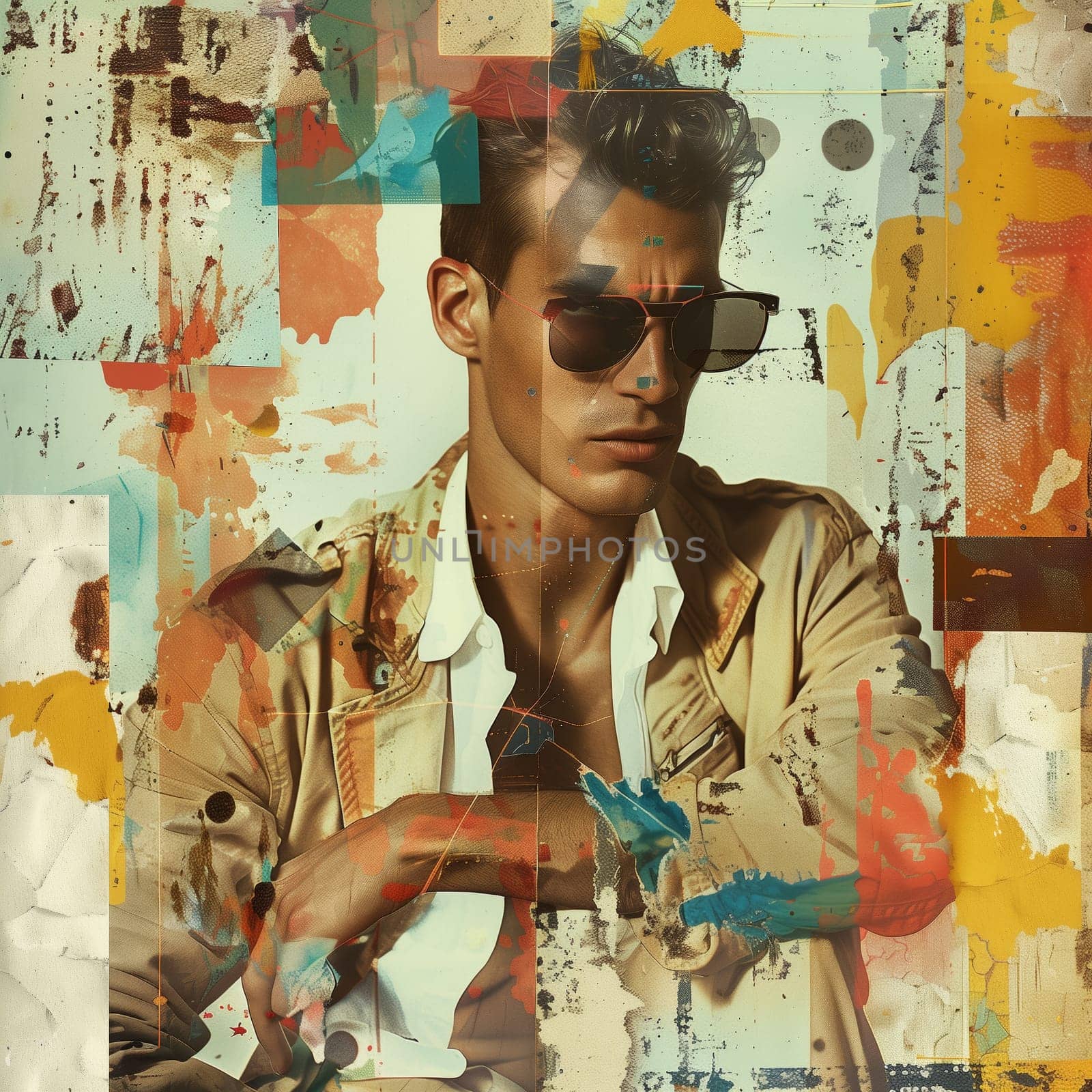 Creative portrait of stylish young man in abstract retro collage style, digital modern art