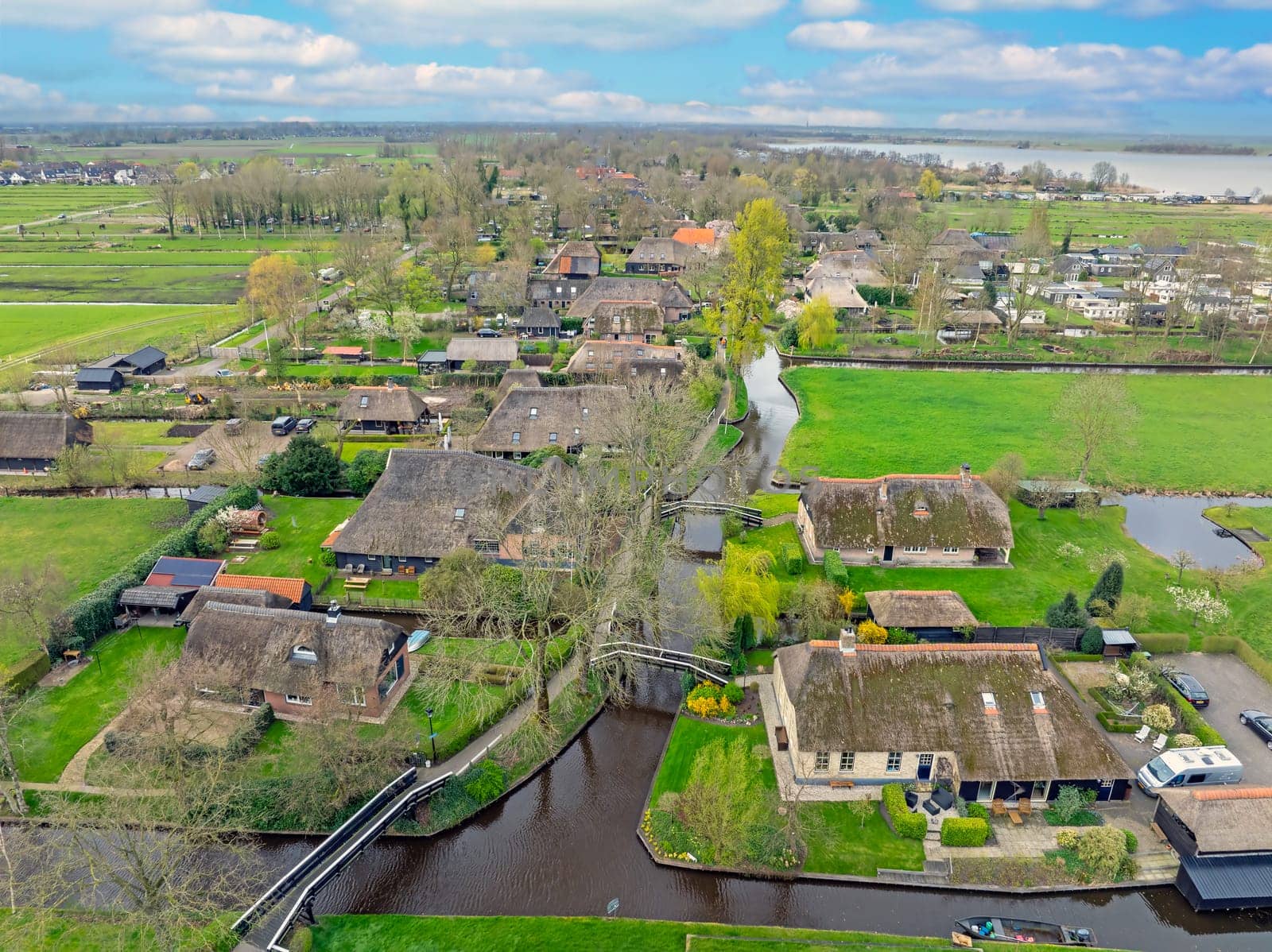Aerial from the little historical village Giethoorn in the Netherlands