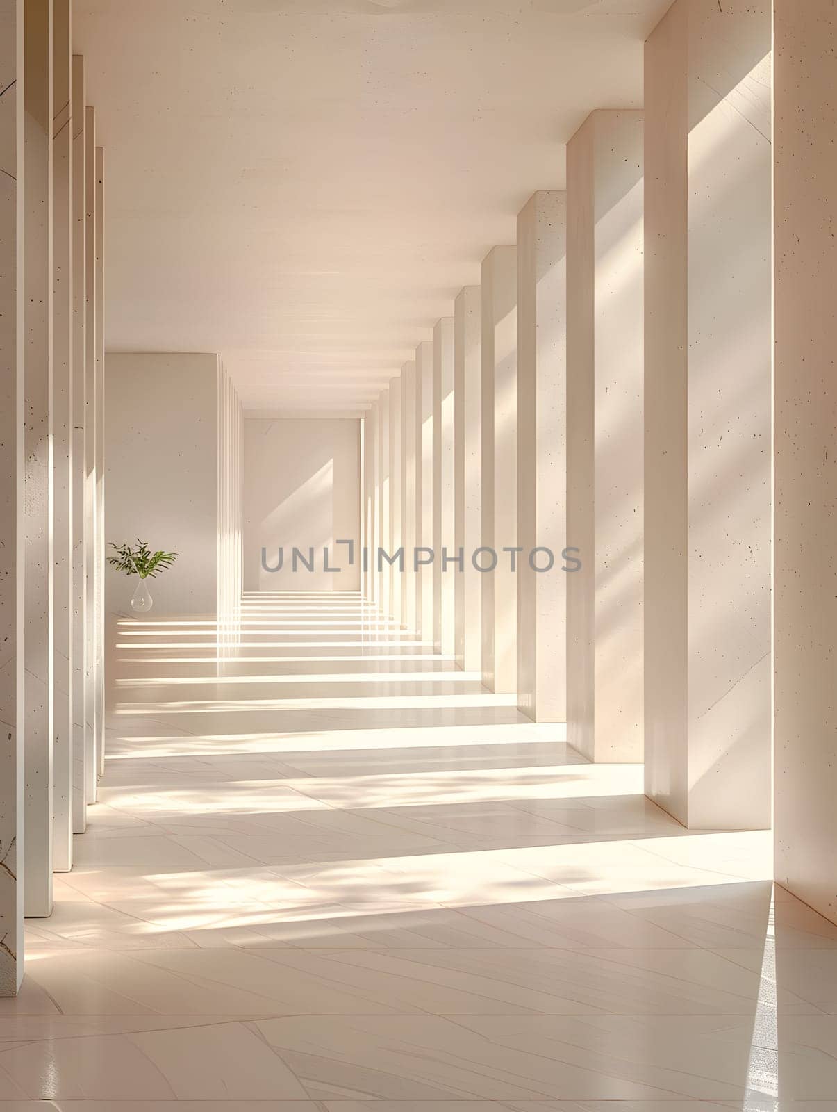 An artfully placed plant sits in the center of the symmetrical hallway, surrounded by gleaming hardwood flooring and a glass ceiling, adding a touch of nature to the modern building design