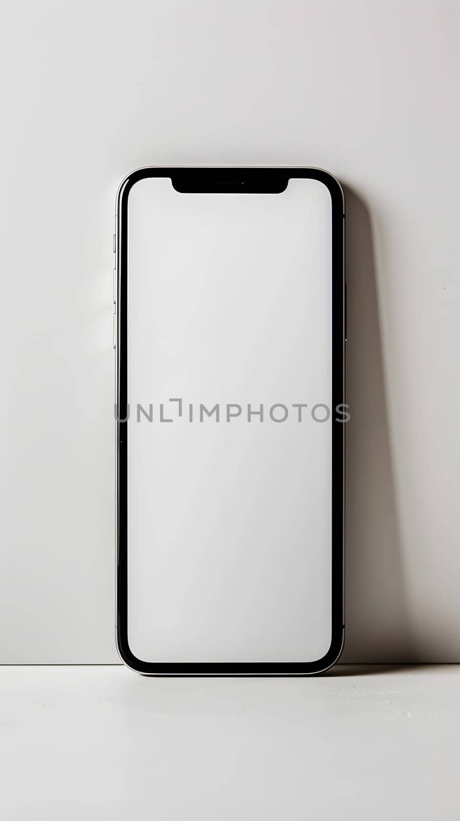A rectangular black cell phone with a white screen, made of metal and plastic, is placed on a white table. It is an automotive lighting gadget and communication device