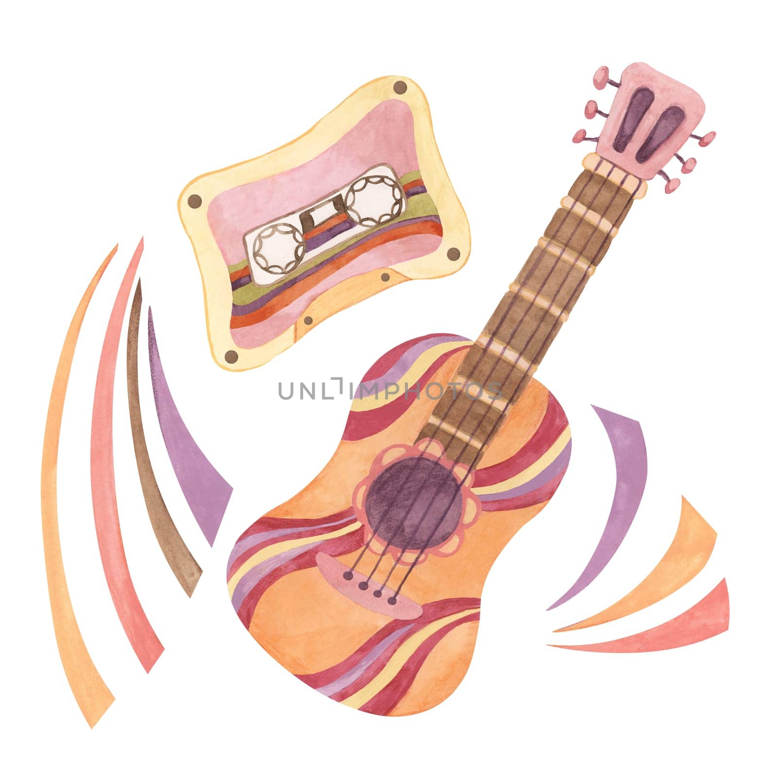 Retro trippy guitar and audiotape in 1970s style. Hippie vibes music culture nostalgic clipart. Watercolor vintage groovy illustration for printing, stickers, flyers, t-shirts, posters, party cards