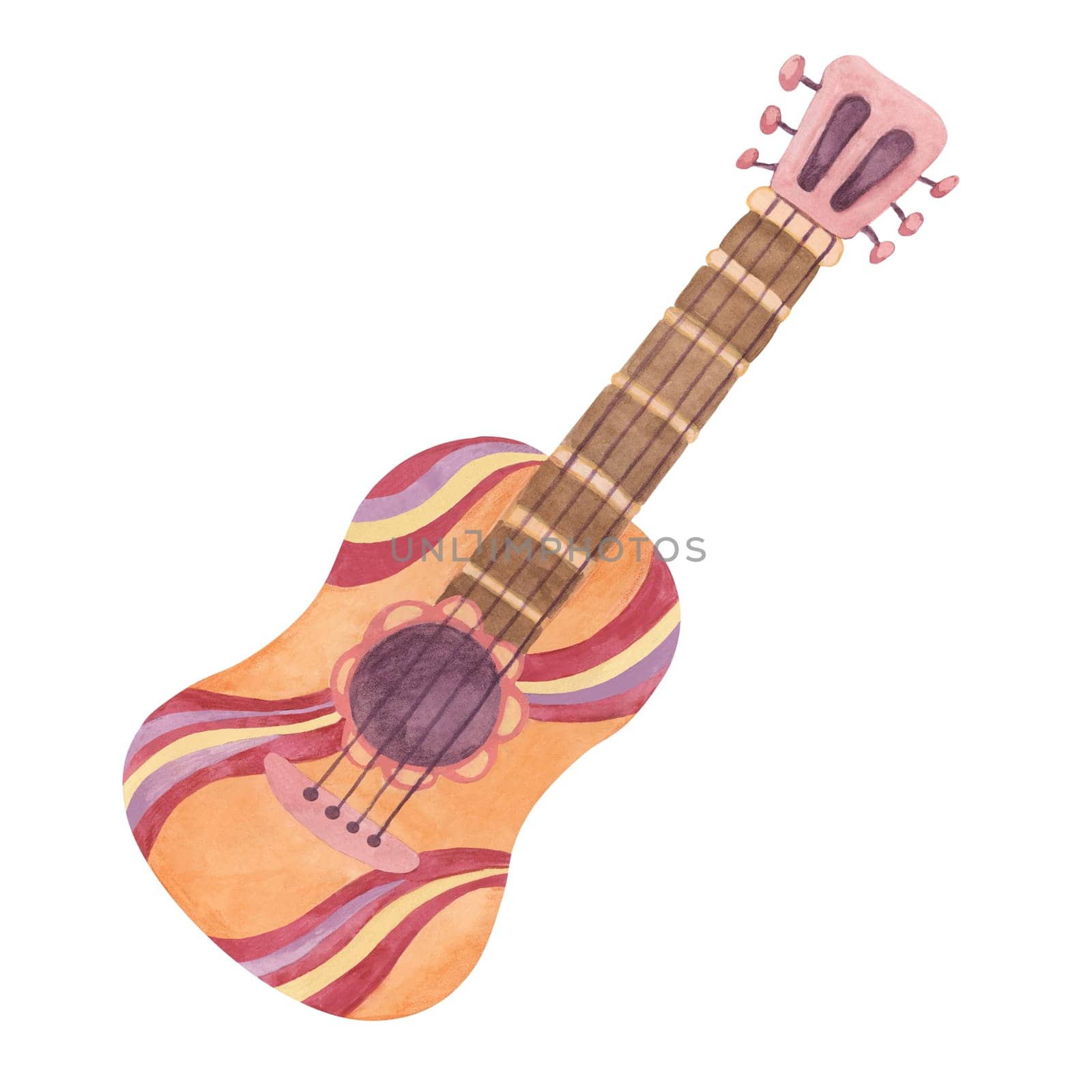 Retro guitar in cartoon 70s style. Hand drawn hippie music instrument nostalgic clipart. Watercolor groovy illustration for printing, stickers, flyers by Fofito