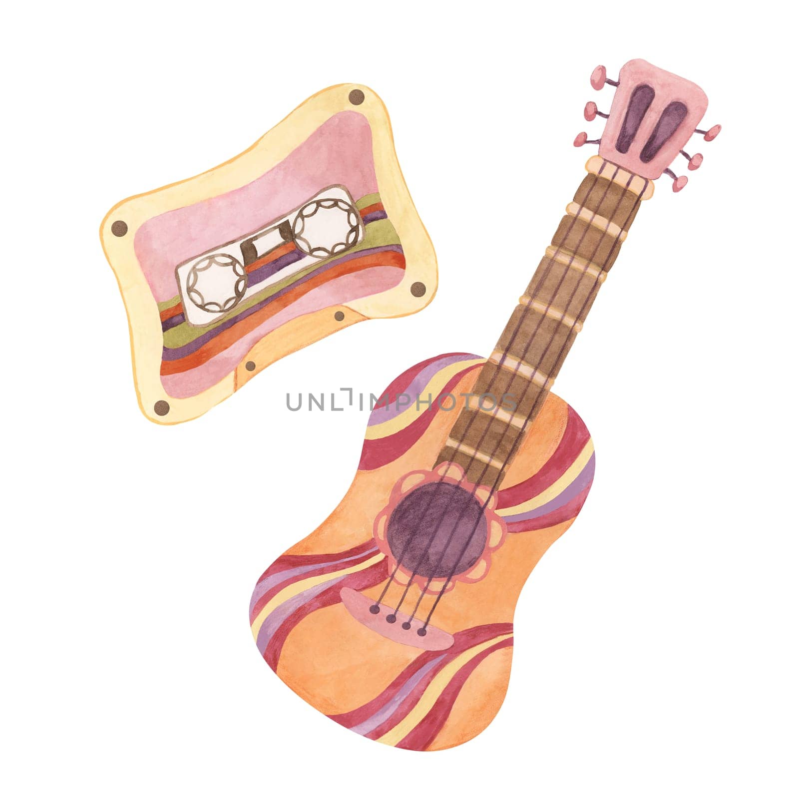 Retro trippy guitar and audiotape in 1970s style. Hippie vibes music culture nostalgic clipart. Watercolor vintage groovy illustration for printing, stickers, flyers, t-shirts, posters, party cards