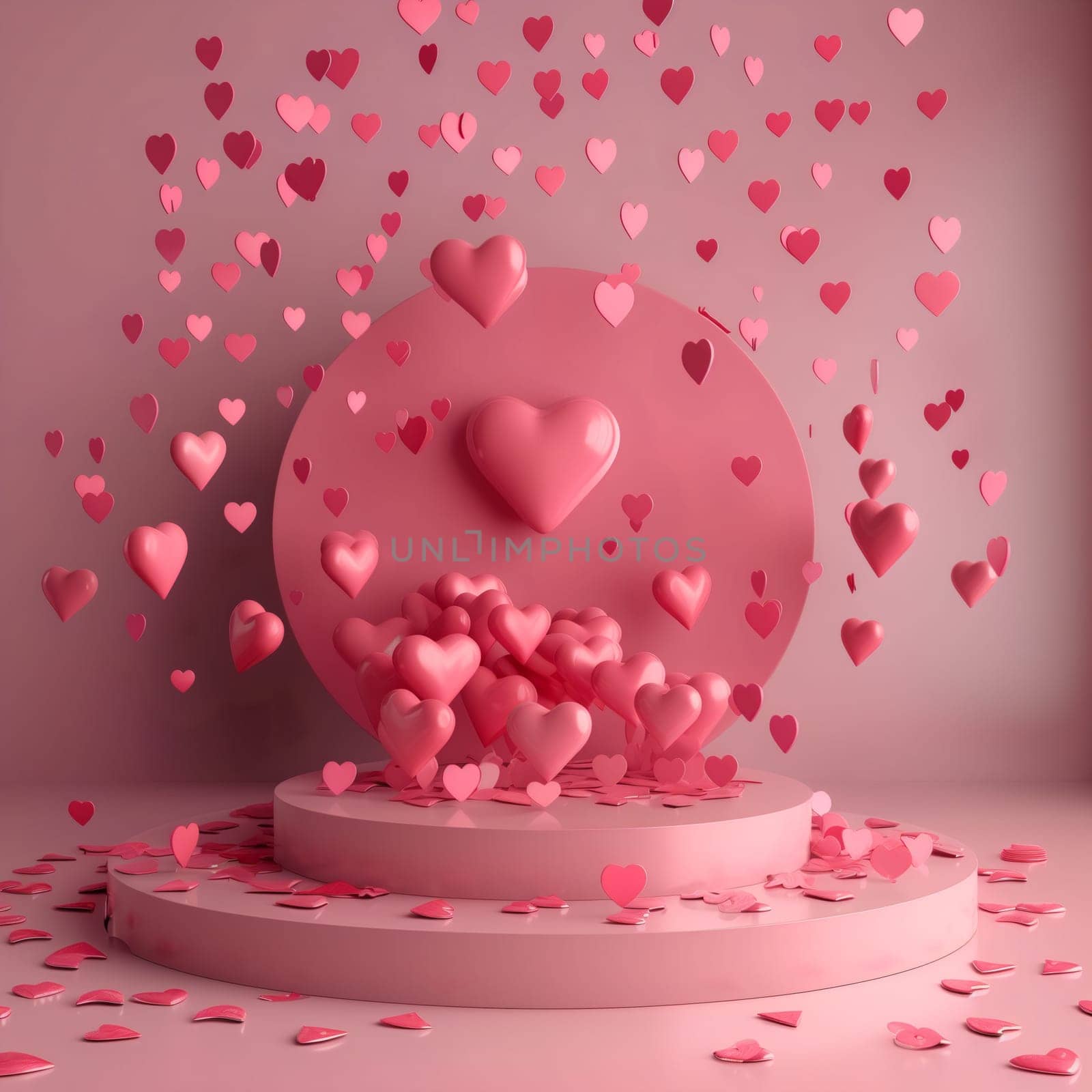 Beautiful delicate background with a decorative stand and a lot of falling hearts on pink, close-up side view.