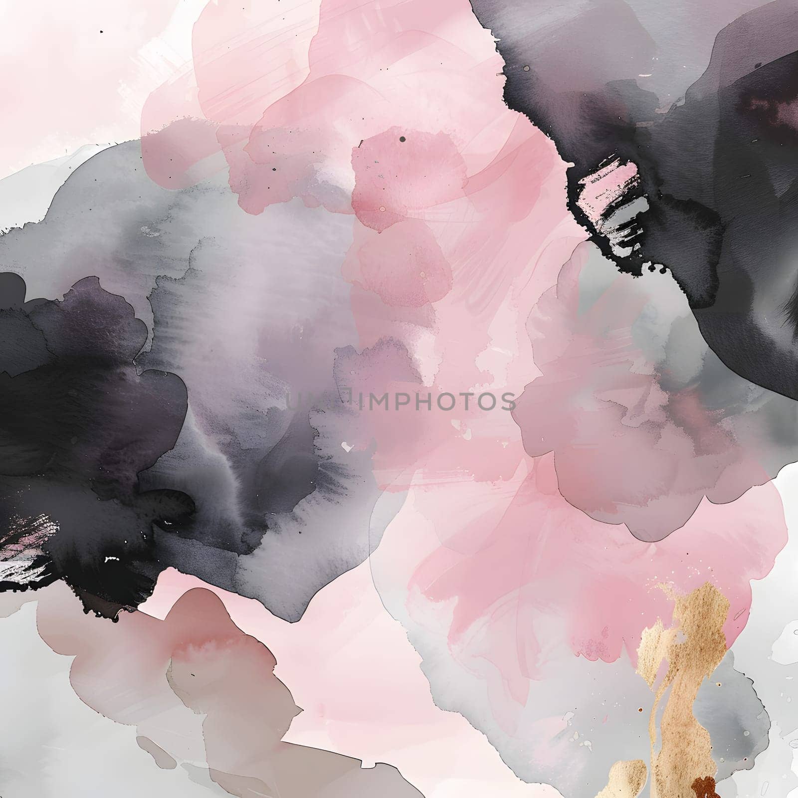An atmospheric phenomenon captured in a closeup watercolor painting featuring pink and black flowers with magenta petals, showcasing the artists skill in using watercolor paint
