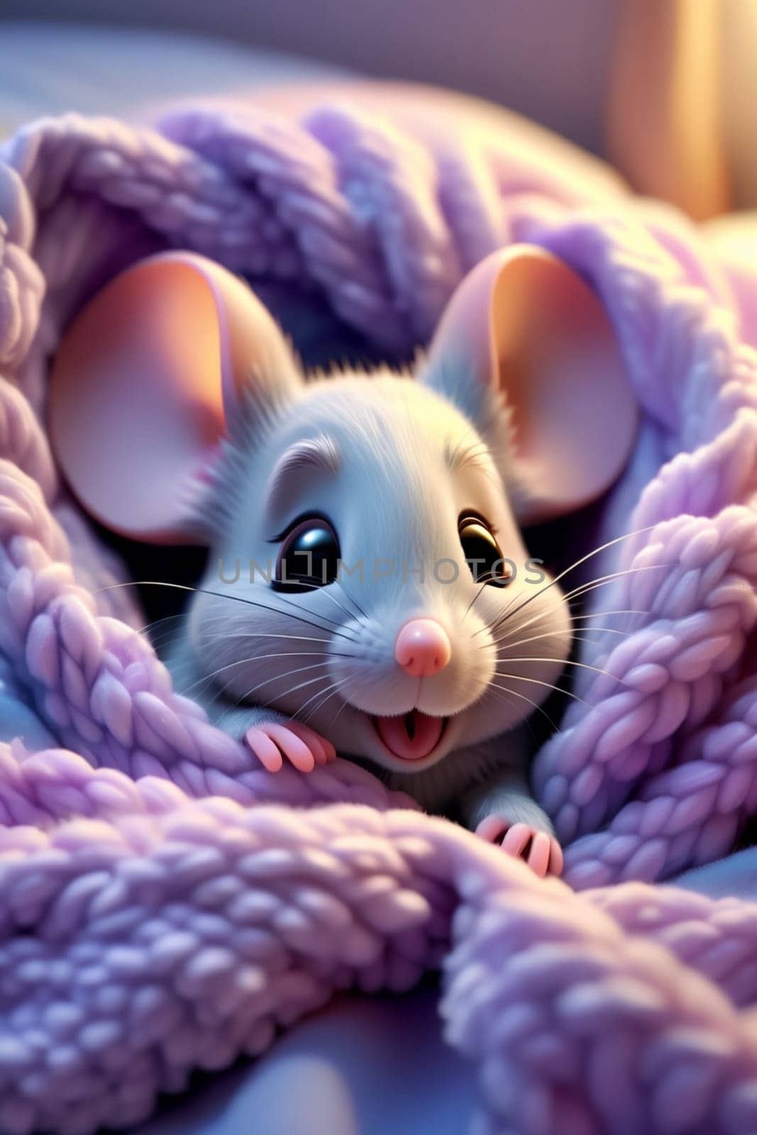 cute cartoon happy white mouse under the blanket by Rawlik