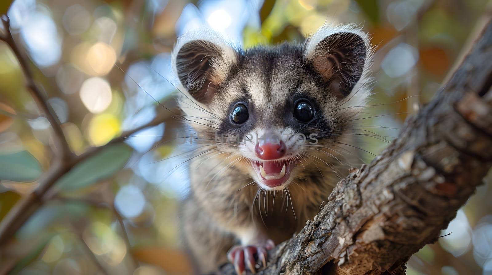 Carnivorous organism with fur and whiskers sits on branch with mouth open by Nadtochiy