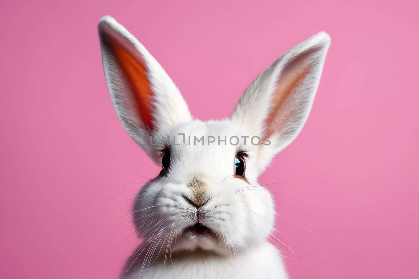 white fluffy rabbit on a pink pastel background. Easter Bunny for Easter. Rabbit isolated on pink background by Ekaterina34
