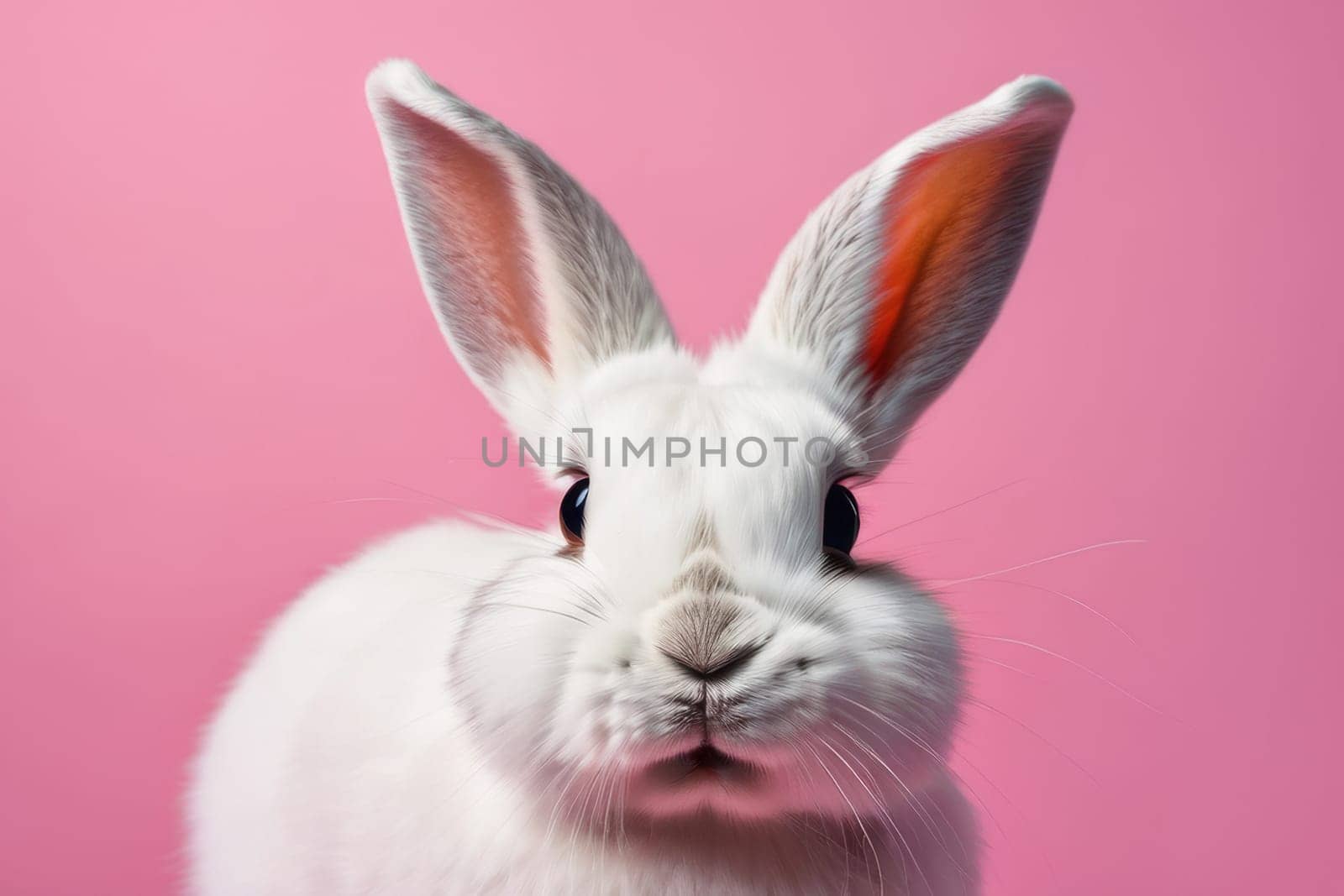 Close-up of a white fluffy rabbit on a pink pastel background. Easter bunny for Easter. by Ekaterina34