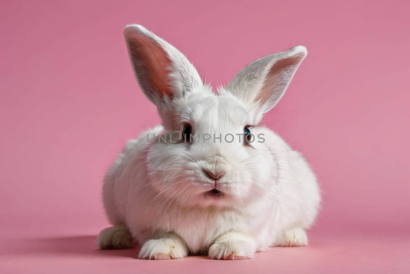 Close-up of a white fluffy rabbit on a pink pastel background. Easter bunny for Easter