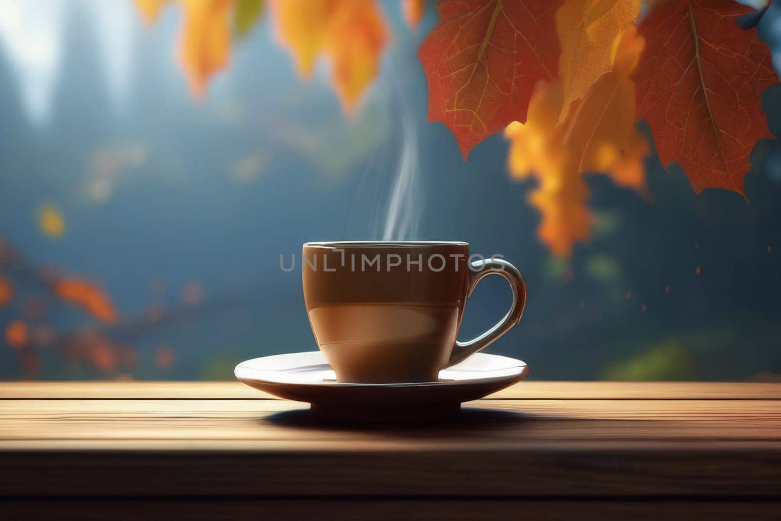 Autumn leaves and a hot steaming cup of coffee. A wooden table and a cup of coffee by the window against the backdrop of an autumn forest. Autumn season, free time, coffee break, September, October, November concept