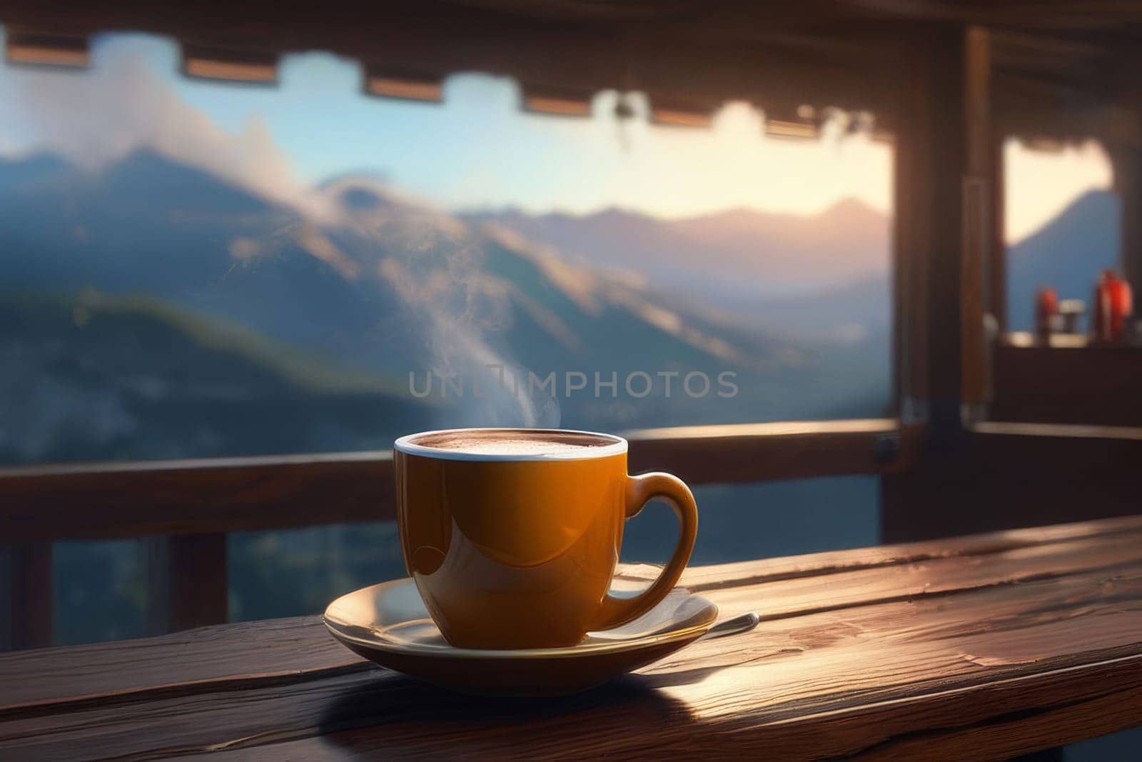 Wooden table and a cup of coffee, tea with a view of the beautiful mountains in the autumn season. Autumn season, free time, coffee break, September, October, November concept