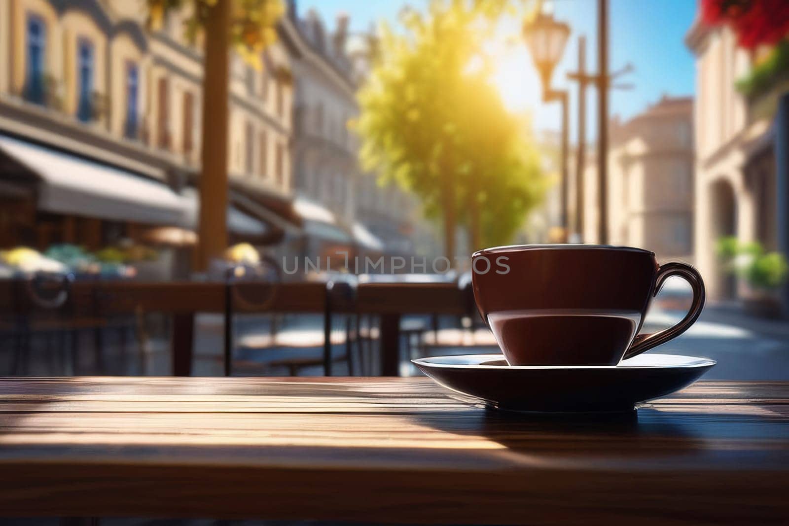 A cup of hot coffee, tea, chocolate on a wooden table early in the morning with a view of the waking up city