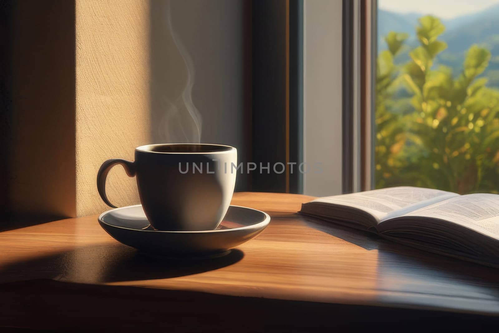 A cup of hot coffee, tea, chocolate on a wooden table early in the morning with a view of the waking up city