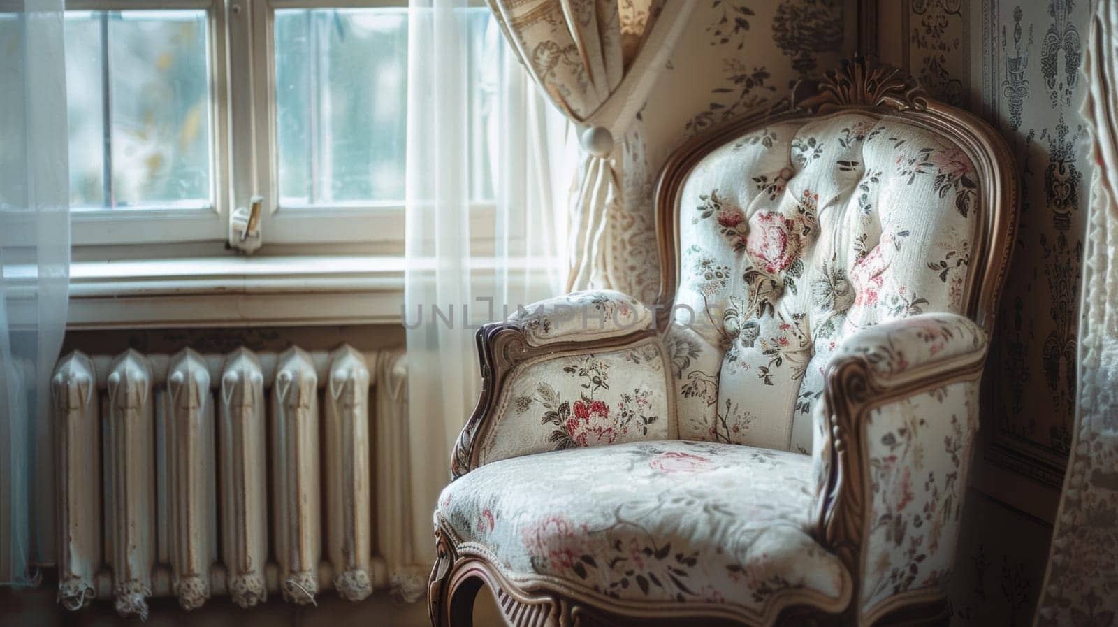 A chair in front of a window with floral patterned fabric