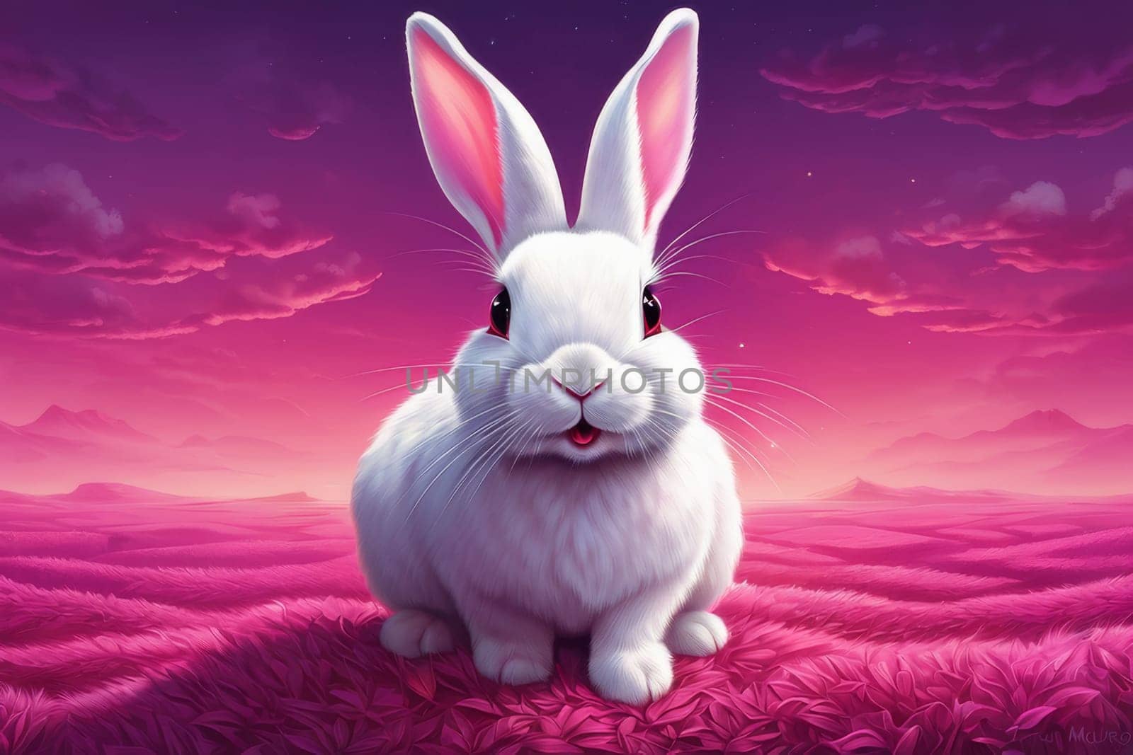 Close-up of a white fluffy rabbit on a pink pastel background. Easter bunny for Easter.