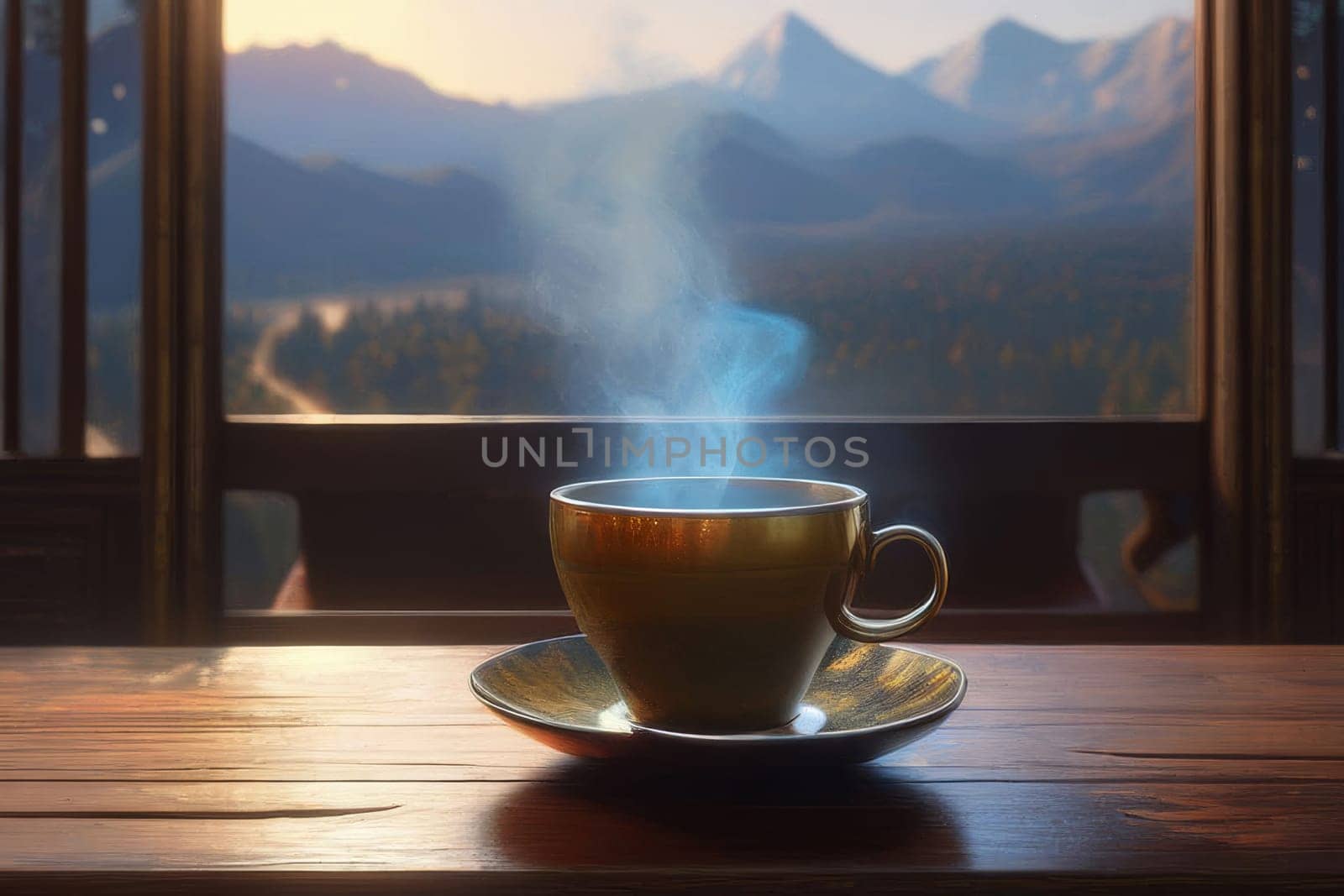 Wooden table and a cup of coffee, tea with a view of the beautiful mountains in the autumn season. Autumn season, free time, coffee break, September, October, November concept. by Ekaterina34