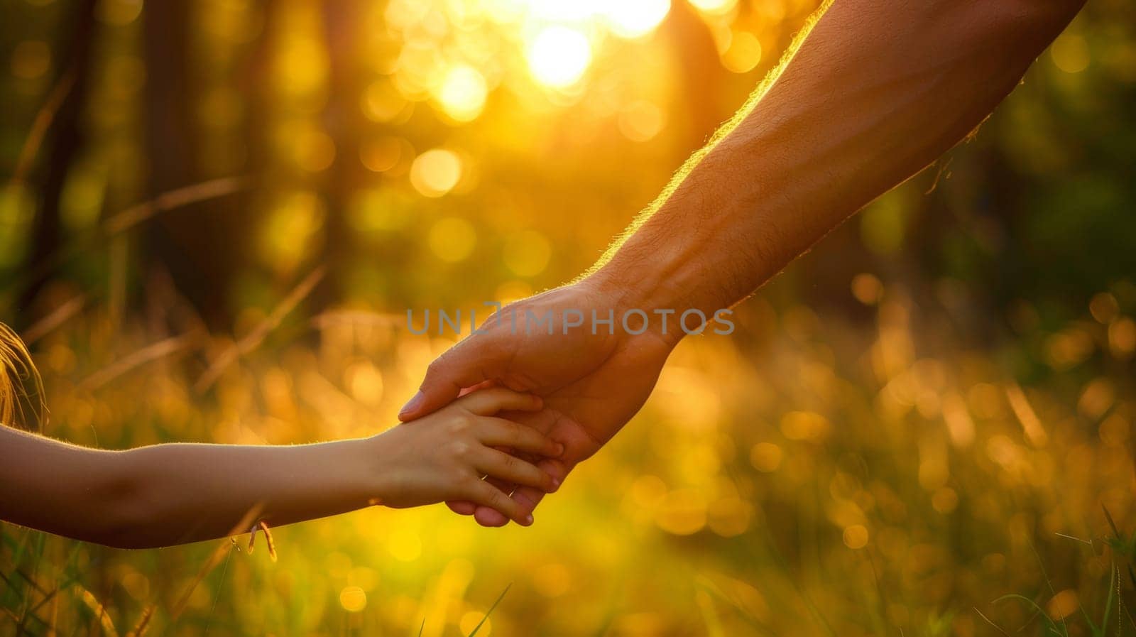 A man and a child holding hands in the grass