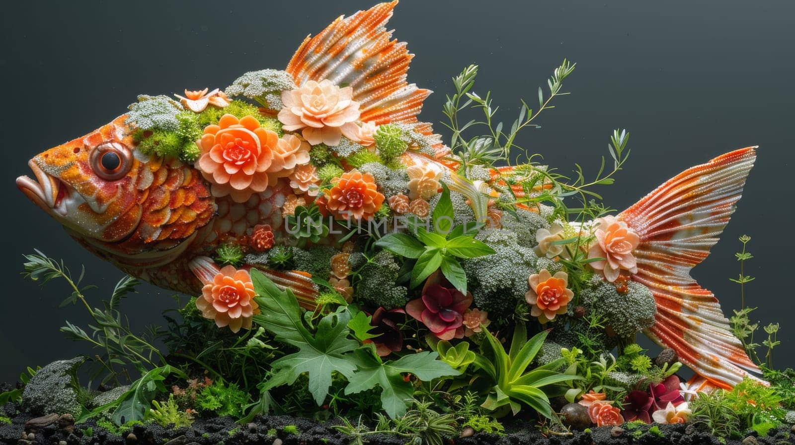 A fish made of flowers and plants with a green background, AI by starush