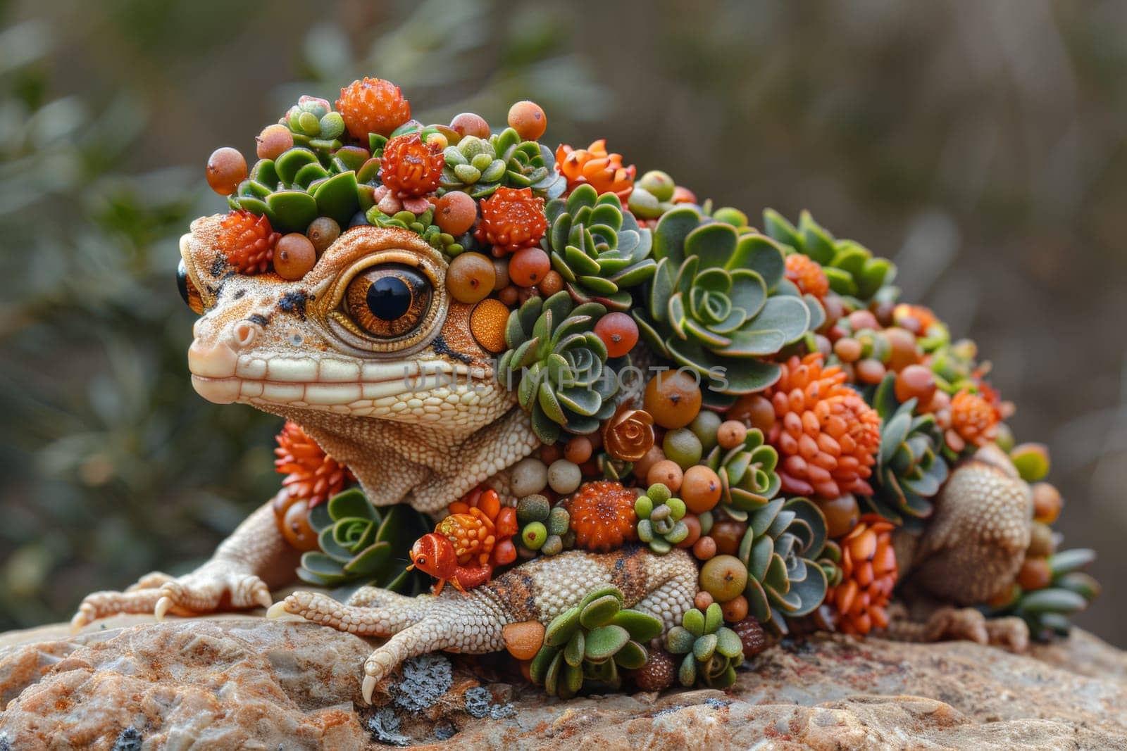 A fantasy frog or toad covered in a bunch of flowers and leaves, AI by starush