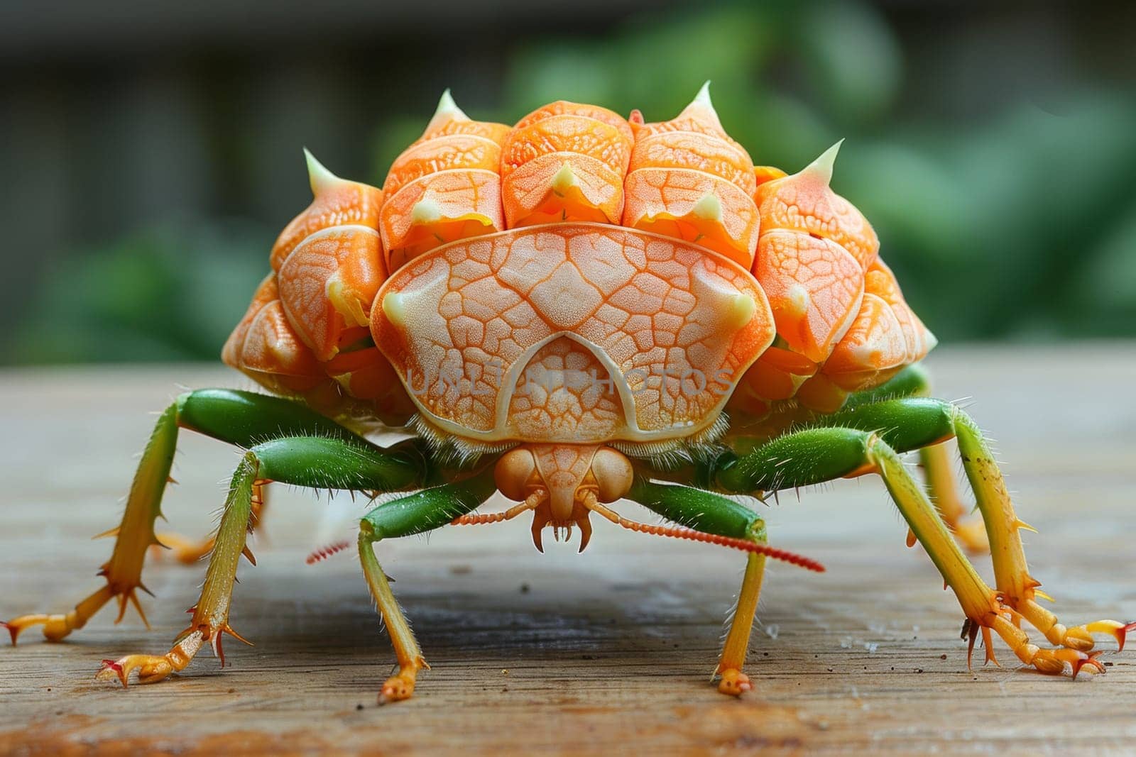 A close up of a fictional bug with orange and green spikes on its back, AI by starush
