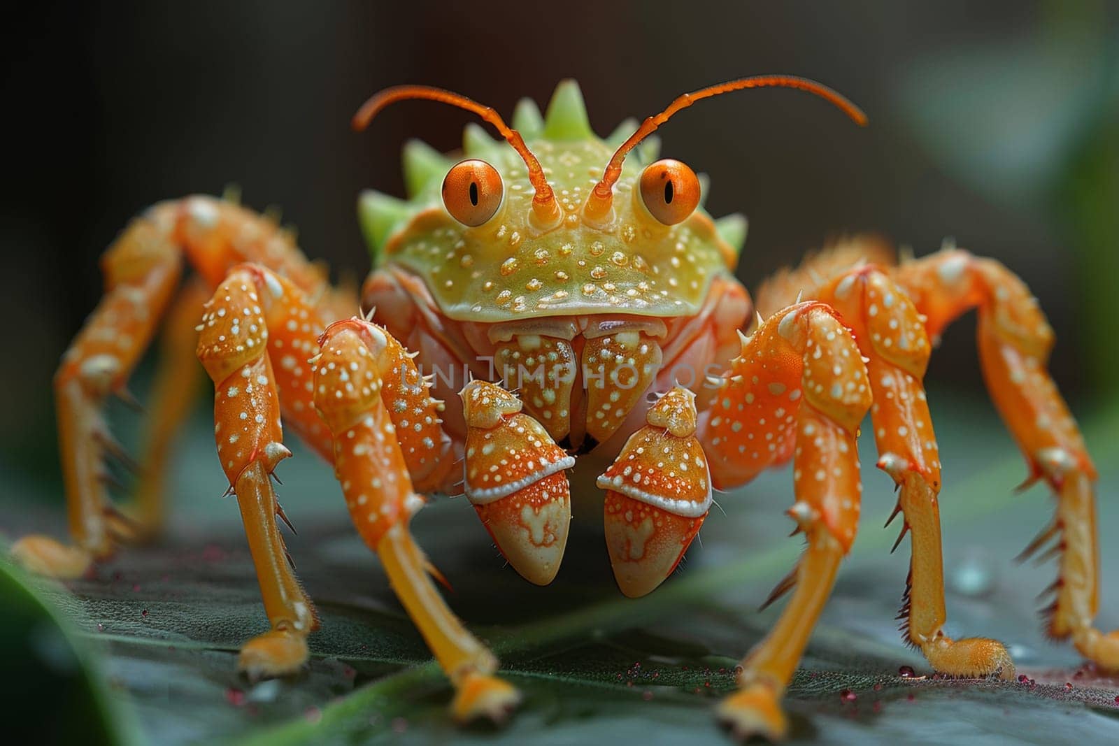 A crab with orange and yellow spots on its body is sitting