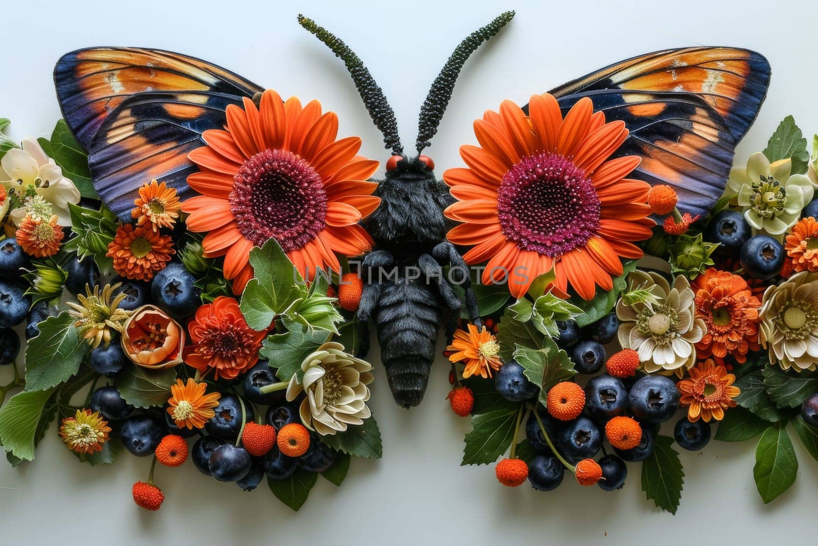 A butterfly made of flowers and berries on a white background