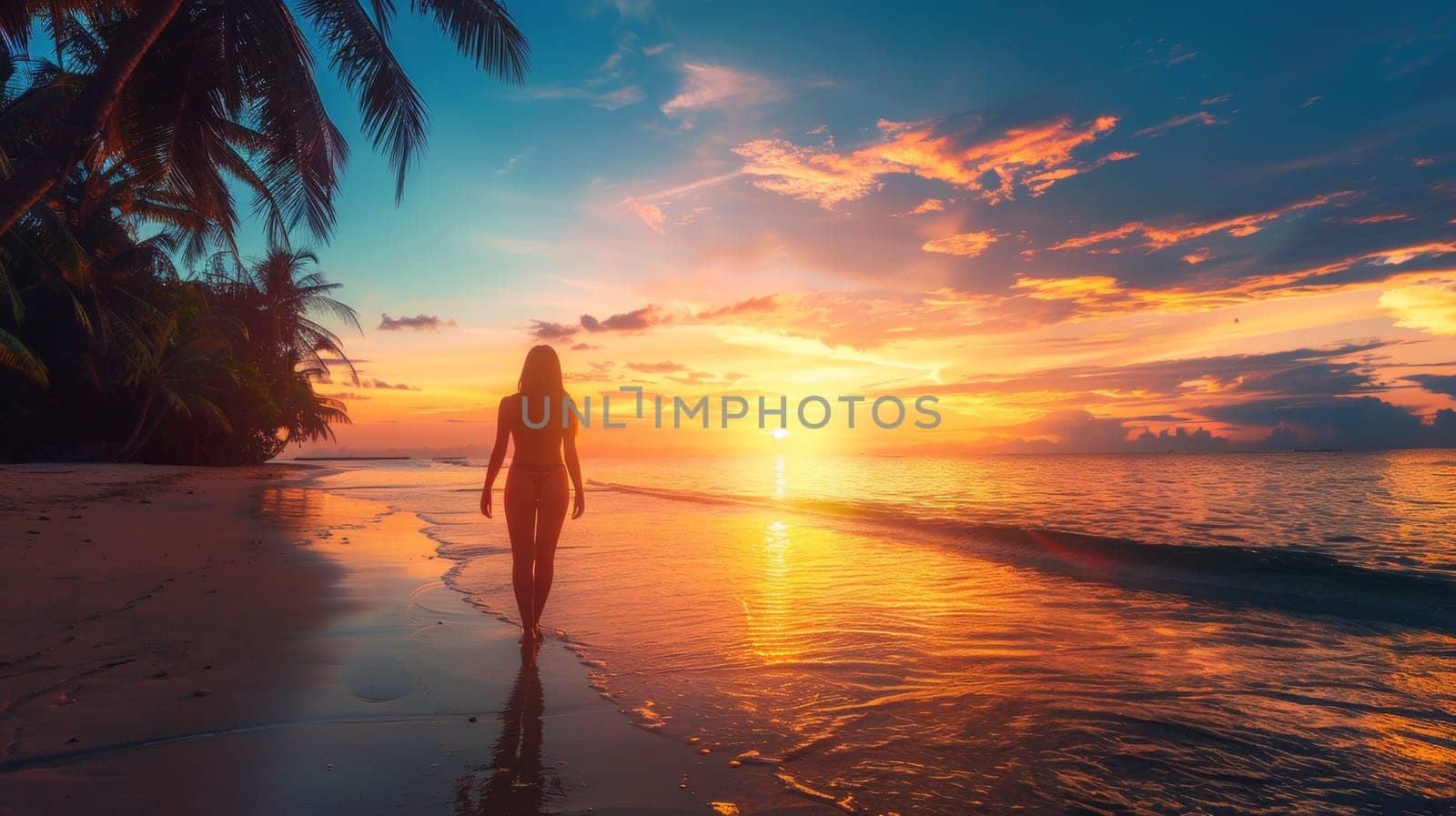 A woman walking on a beach at sunset with the ocean in front of her, AI by starush
