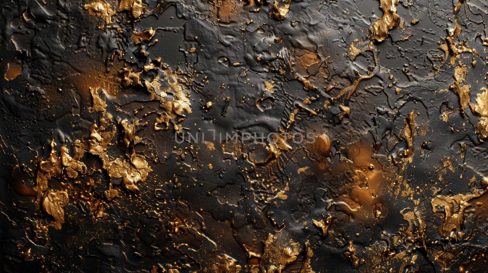 A close up of a black and gold wall with some paint on it