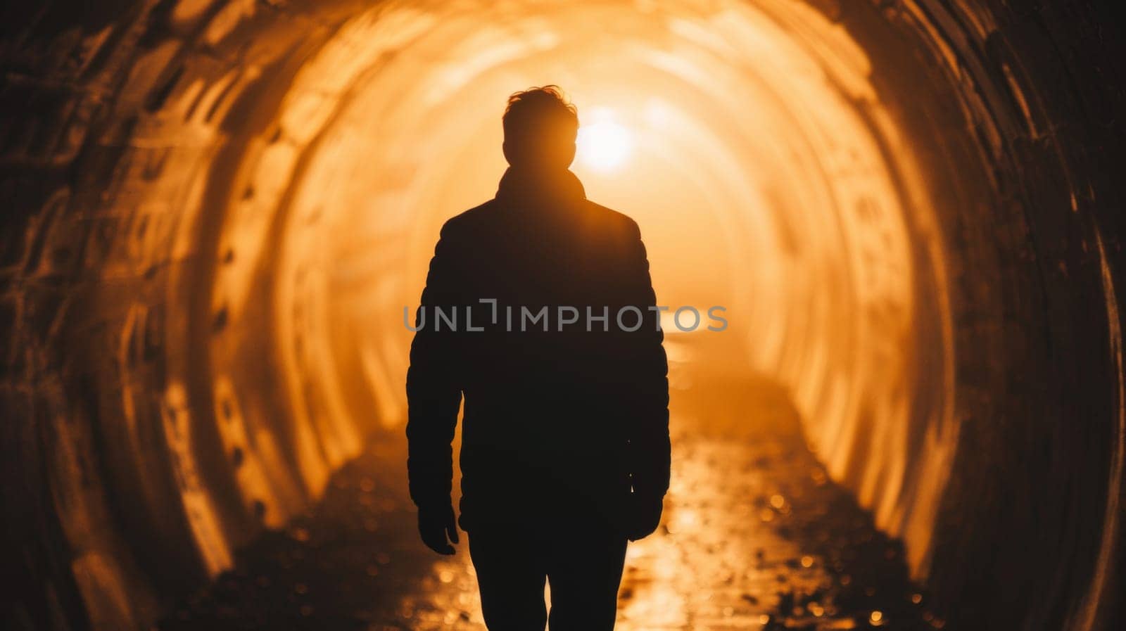 A man walking through a dark tunnel with the sun shining behind him