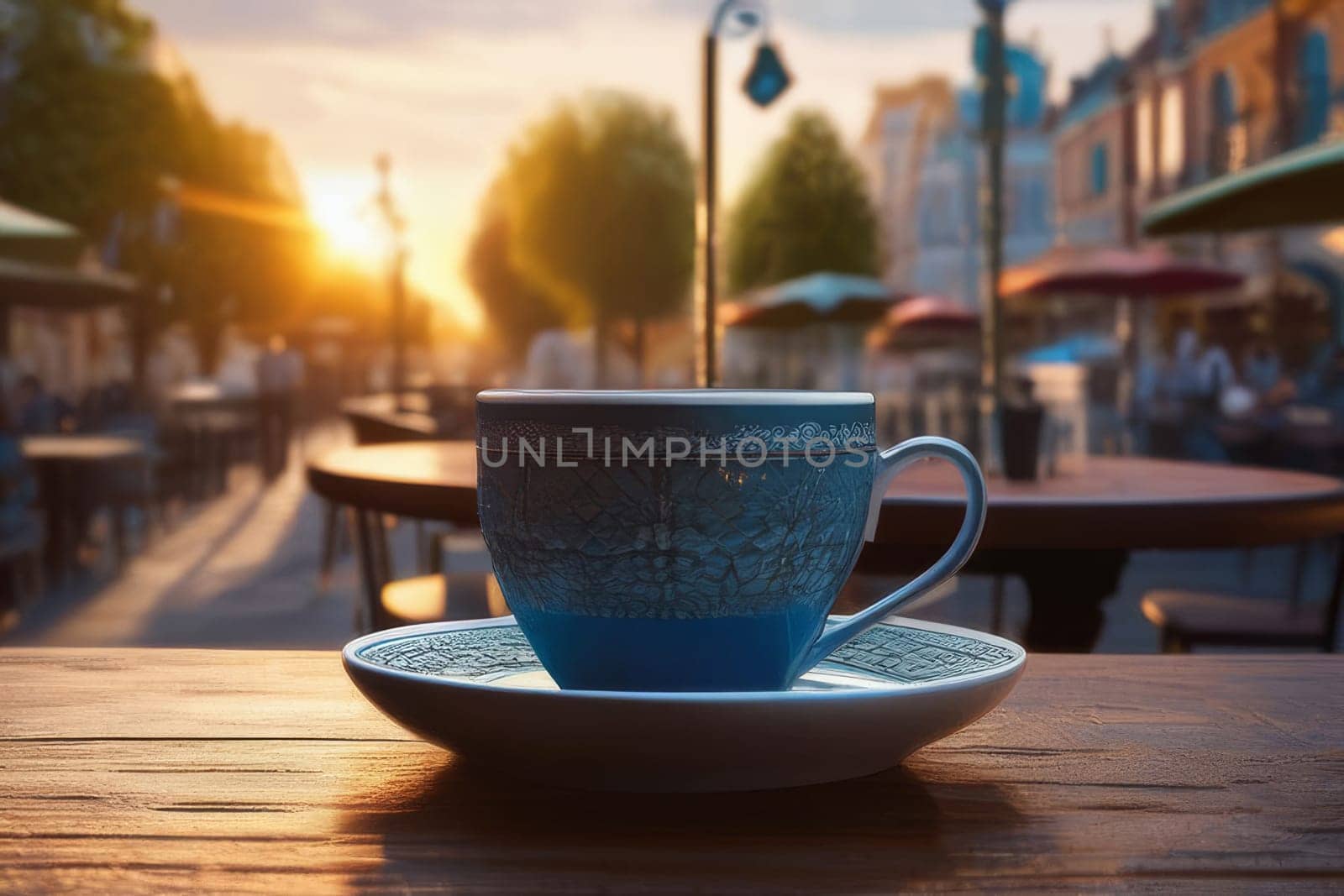 A cup of hot coffee, tea, chocolate on a wooden table early in the morning with a view of the waking up city. by Ekaterina34