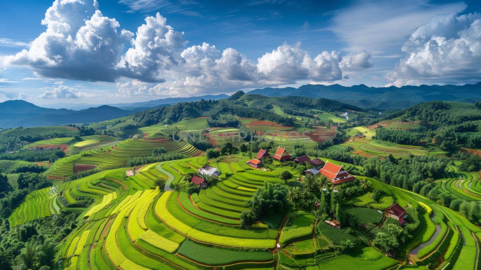 A view of a beautiful landscape with many green fields