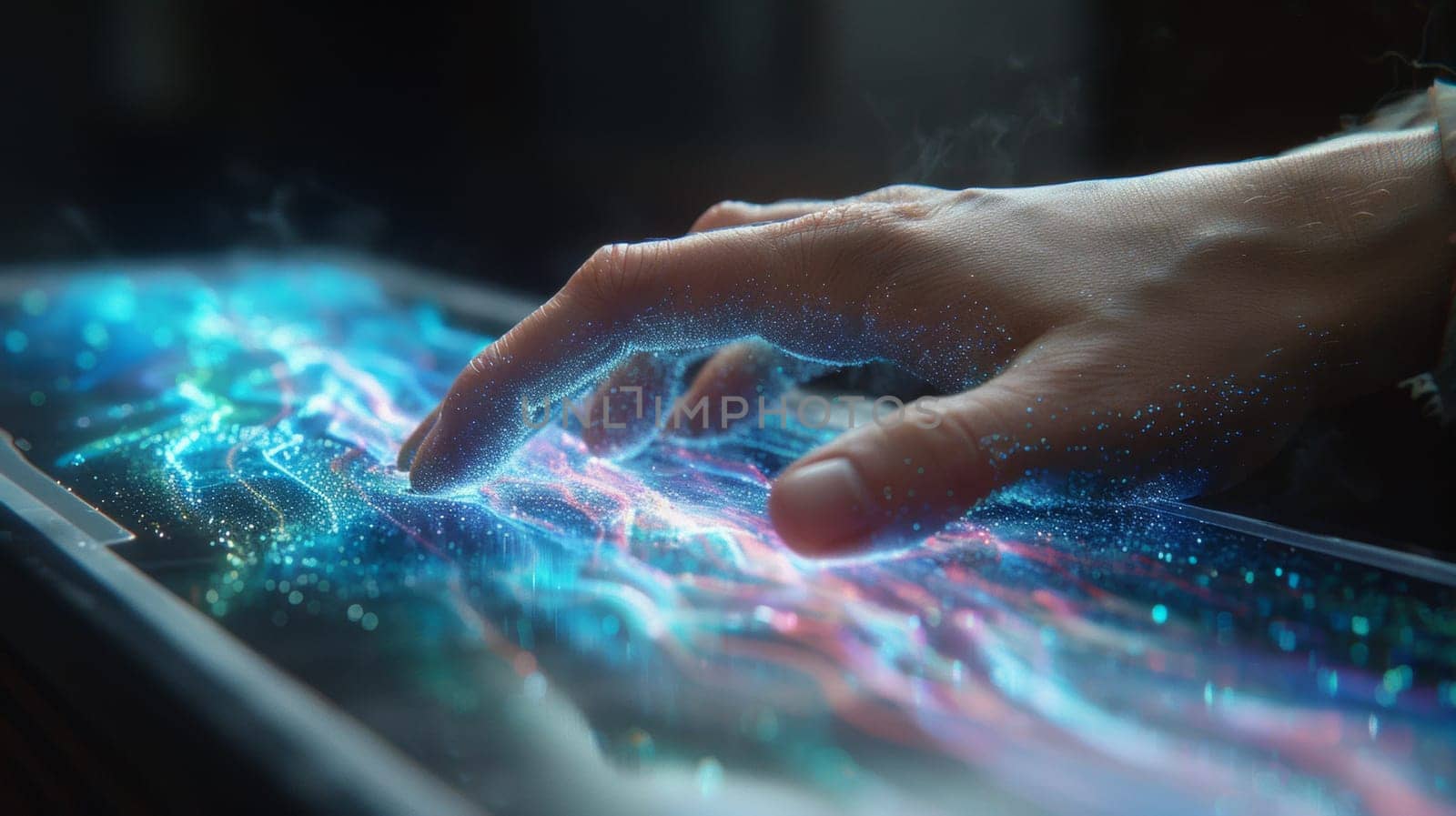 A person's hand is touching a glowing screen on top of the table, AI by starush