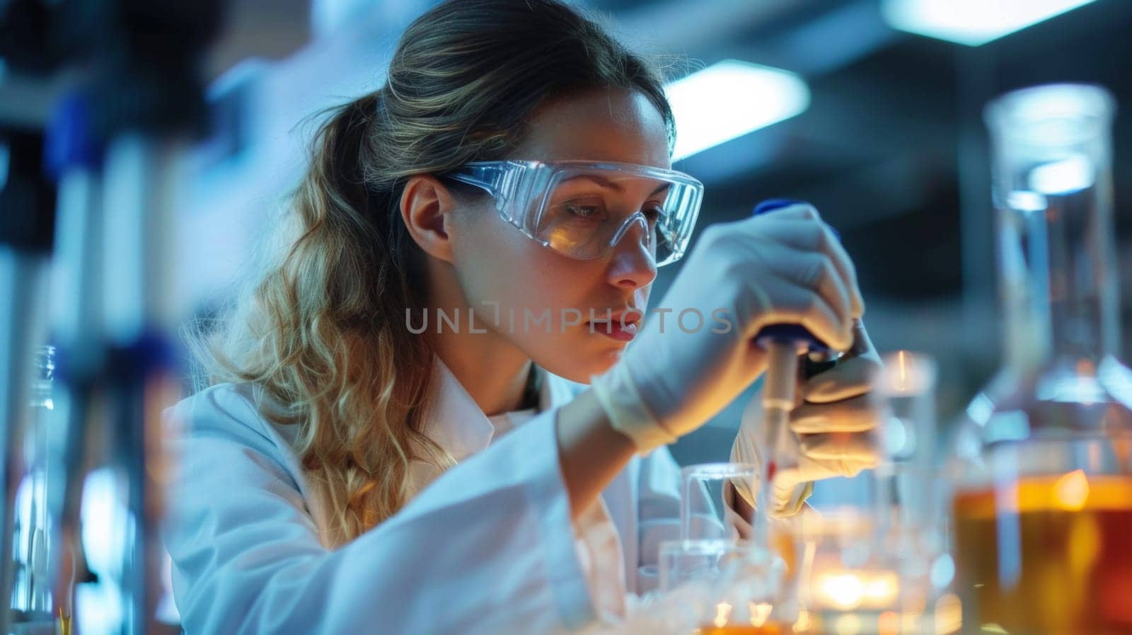 A woman in lab coat working on a chemical reaction, AI by starush