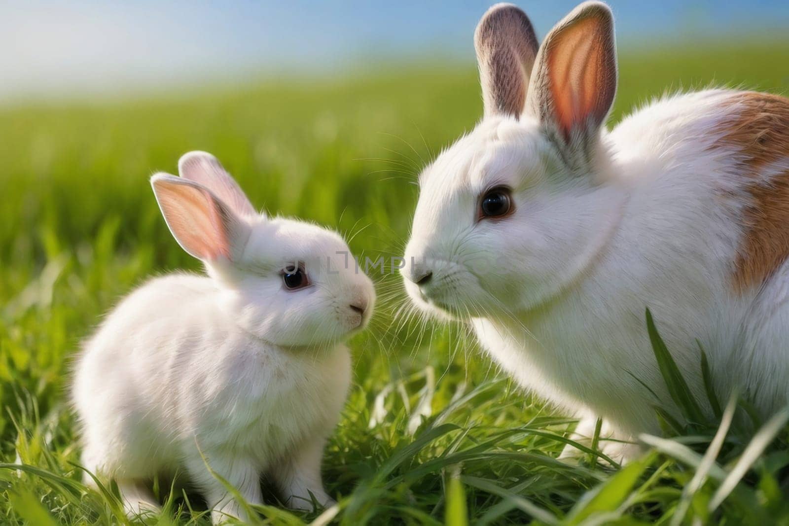 Rabbits. Mother rabbit and baby rabbit on a green meadow. Spring flowers and green grass